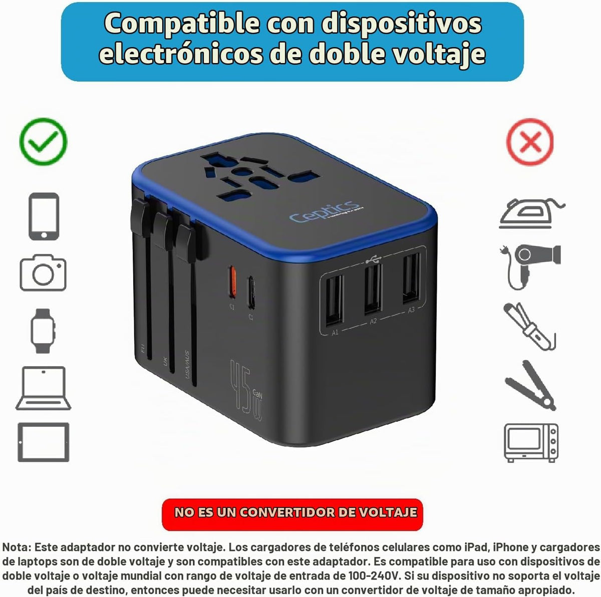 Ceptics Adaptador de viaje universal, adaptador de corriente intern...