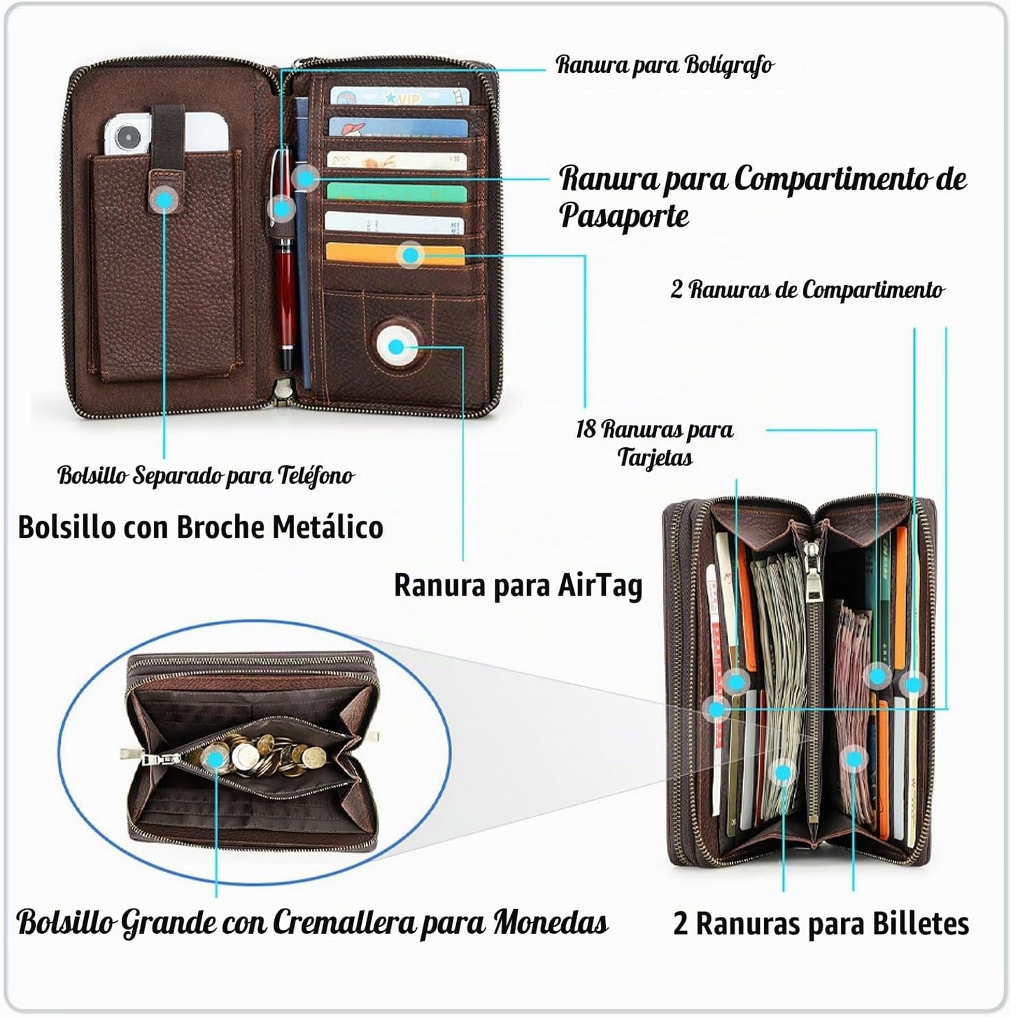 Cartera de cuero genuino de grano superior con cremallera para homb...