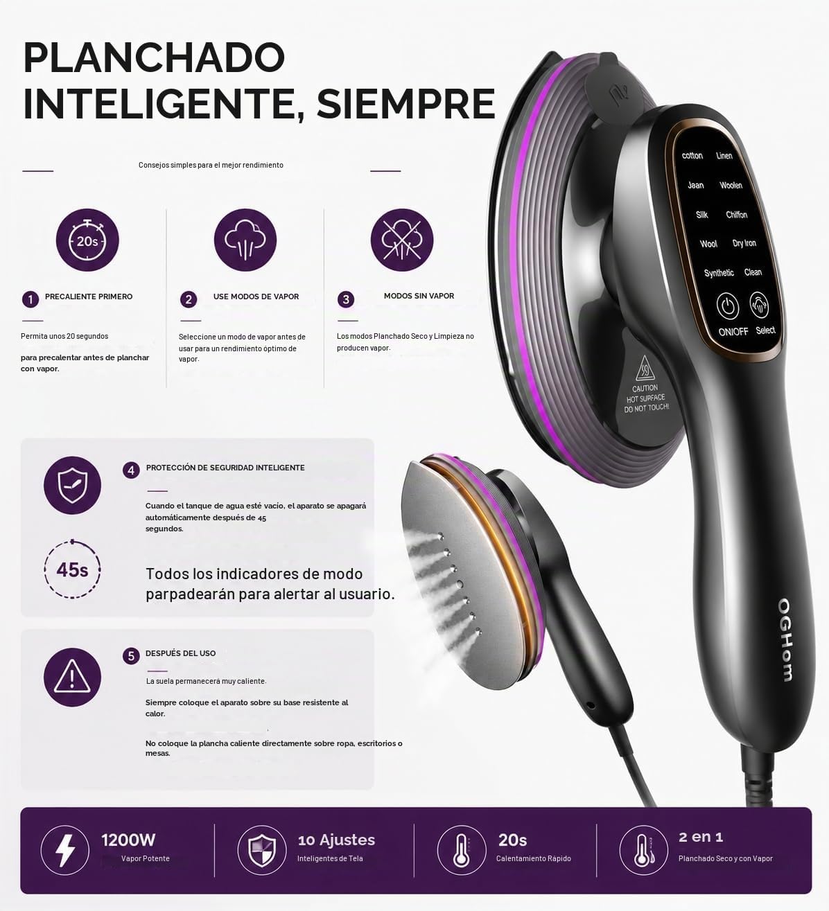 OGHom Vaporizador y plancha 2 en 1 para ropa, plancha de mano de 12...