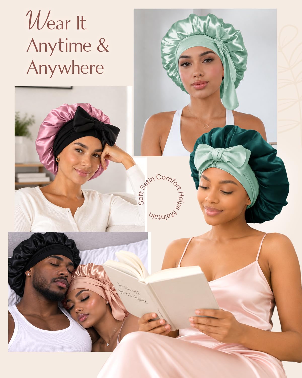 BONNET QUEEN - Gorro de satén de seda para dormir, ácido hialurónic...