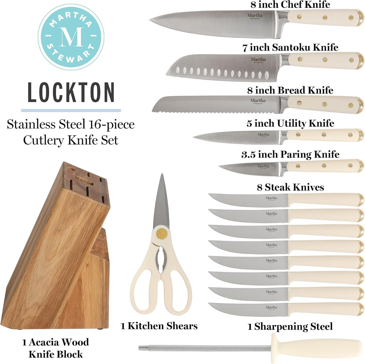 Martha Stewart - Juego de 16 cuchillos de cocina de acero inoxidabl...
