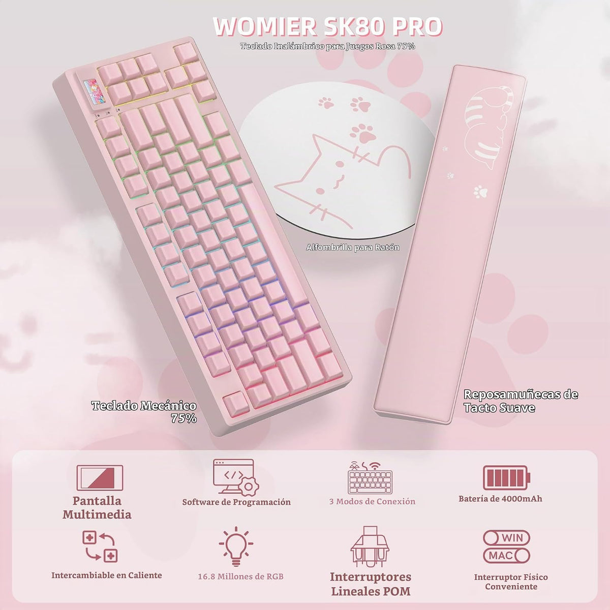 Womier Teclado Mecánico Inalámbrico Rosa Cremoso 75% con Pantalla M...