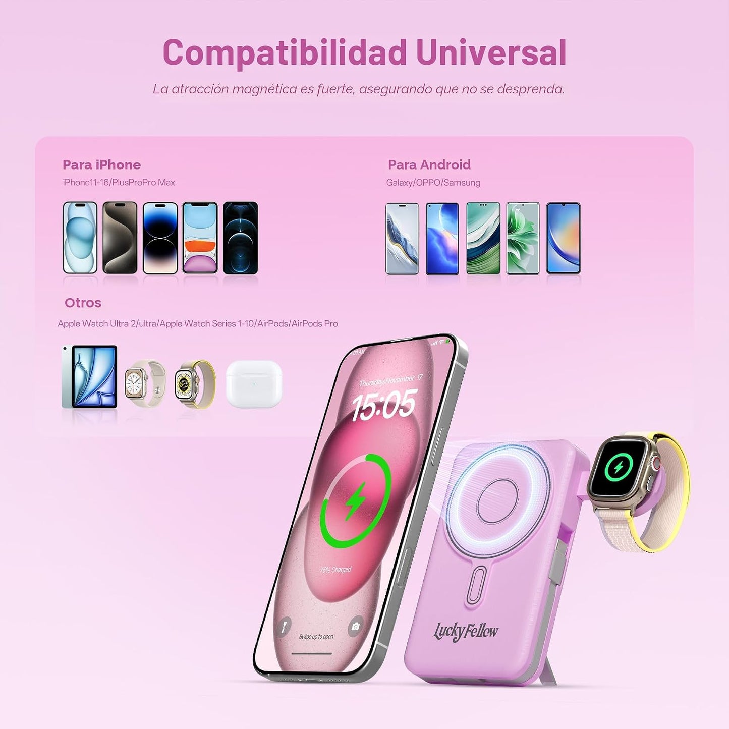 LUCKYFELLOW Cargador portátil magnético con cables integrados, esta...