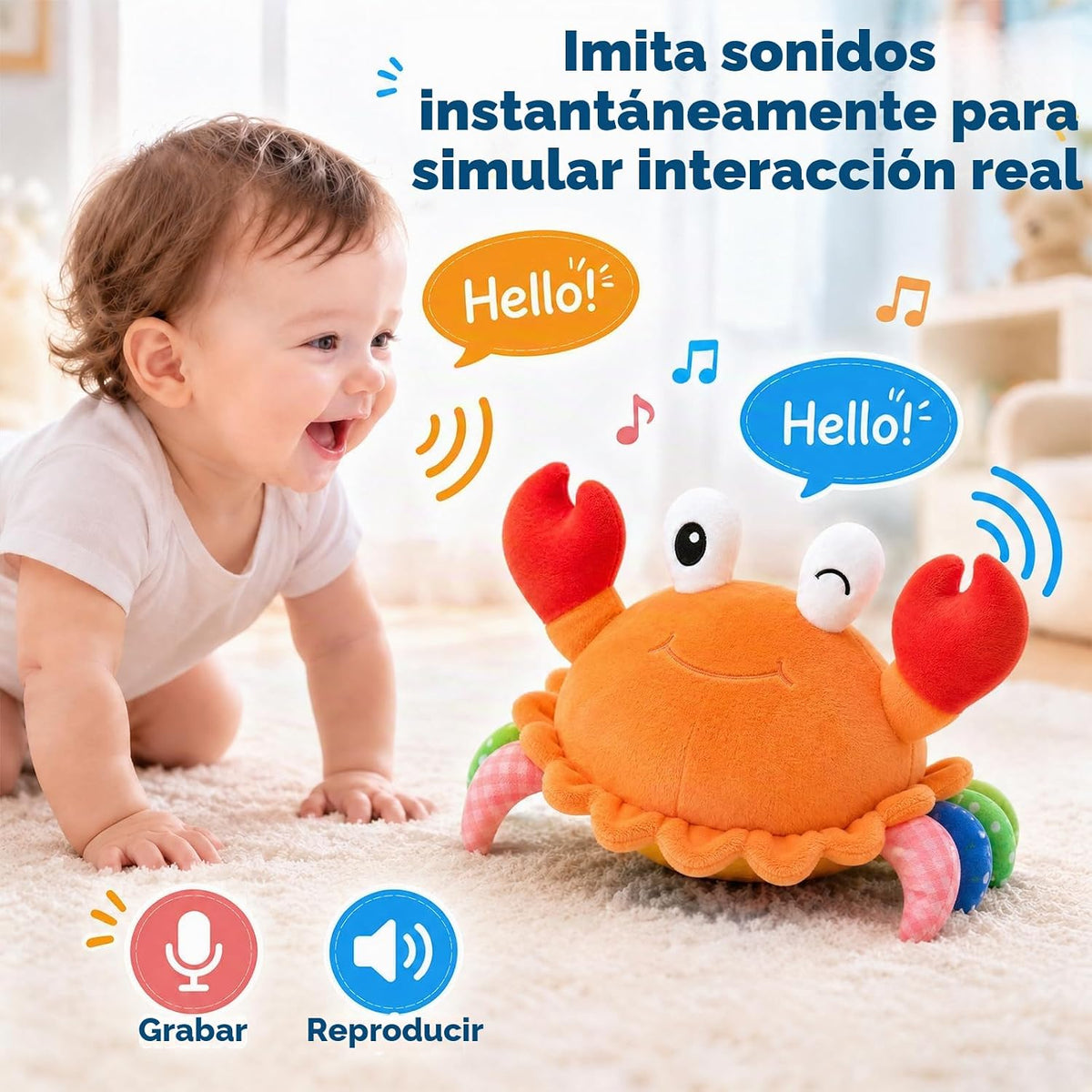 Juguete del bebé del cangrejo que arrastra naranja, juguete musical...