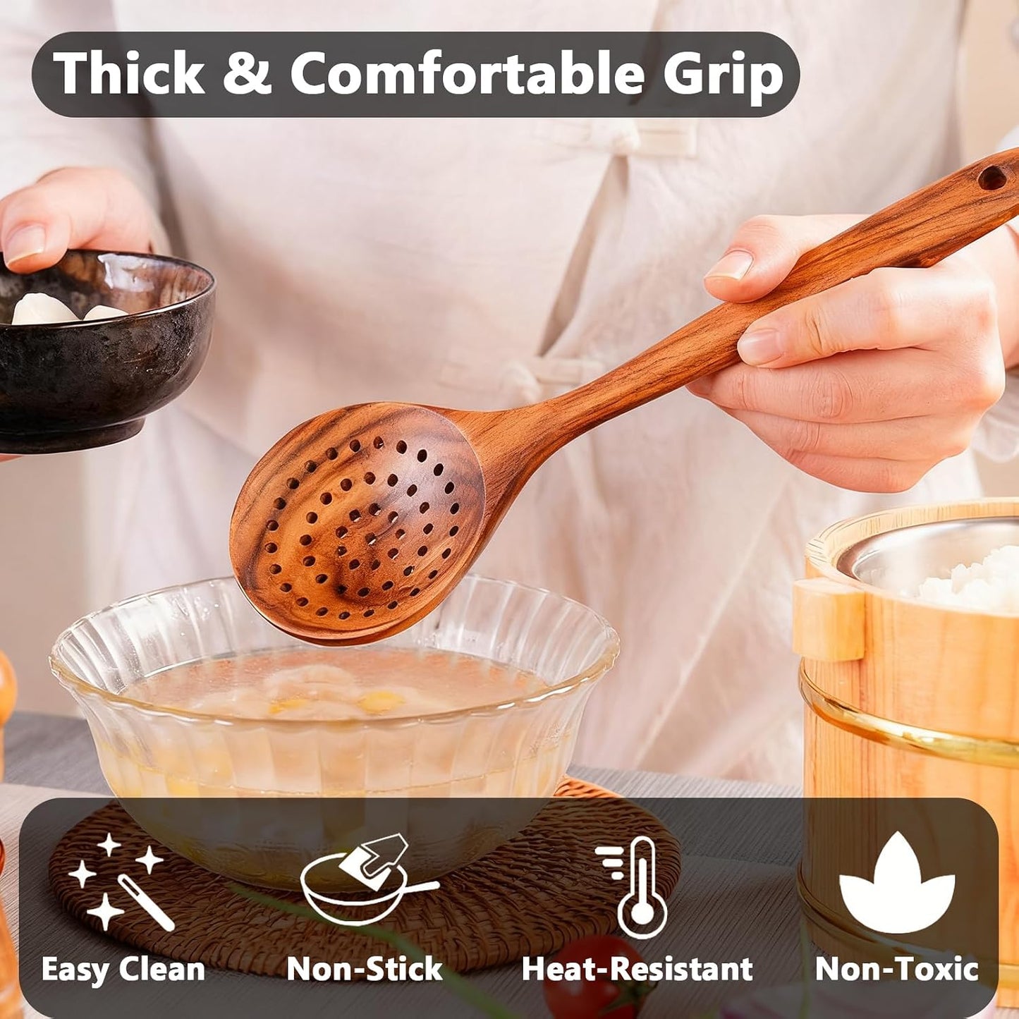 IOCBYHZ Juego de utensilios de cocina de madera de teca natural de...
