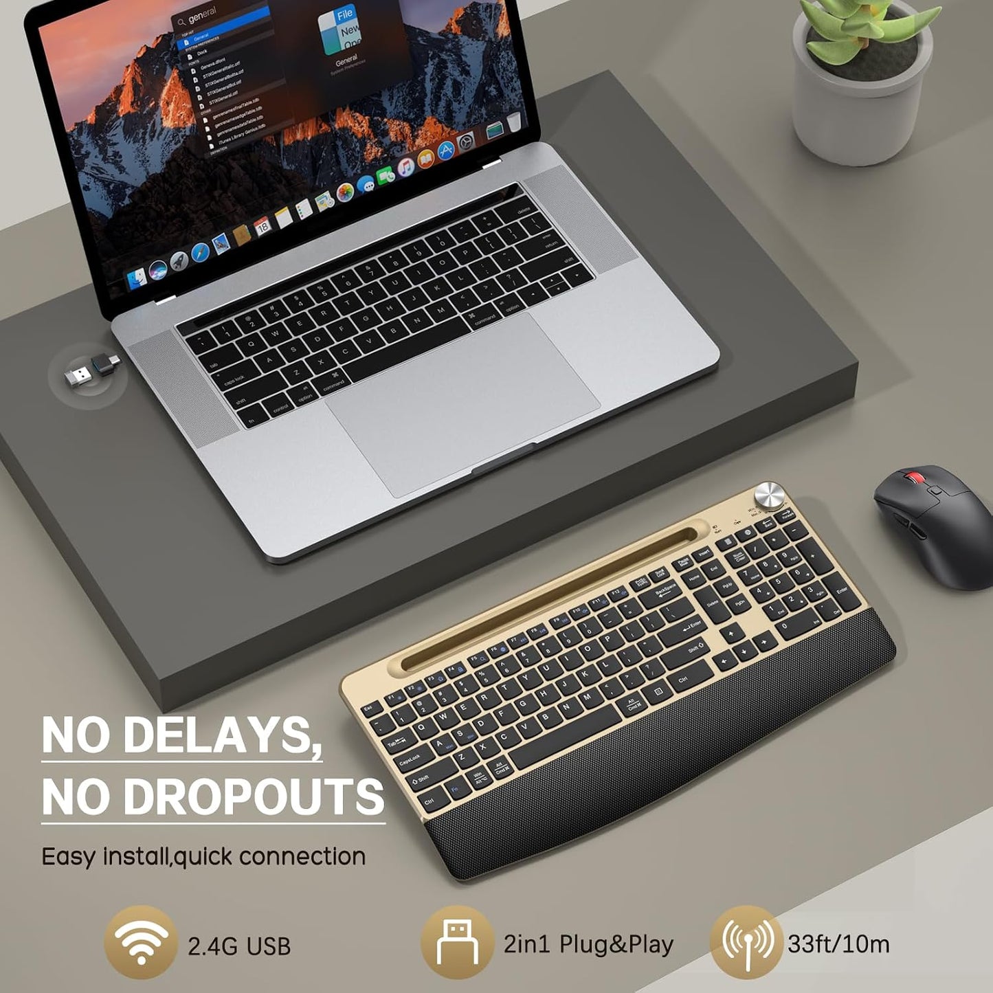 GAMCATZ Juego de teclado y mouse inalámbrico ergonómico con reposa...