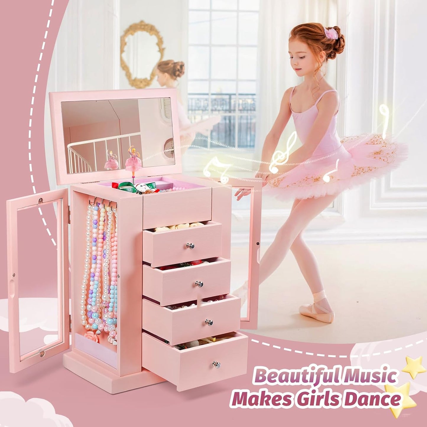 Caja de Joyería Emfogo para Niñas, Caja de Joyería Musical con Bail...