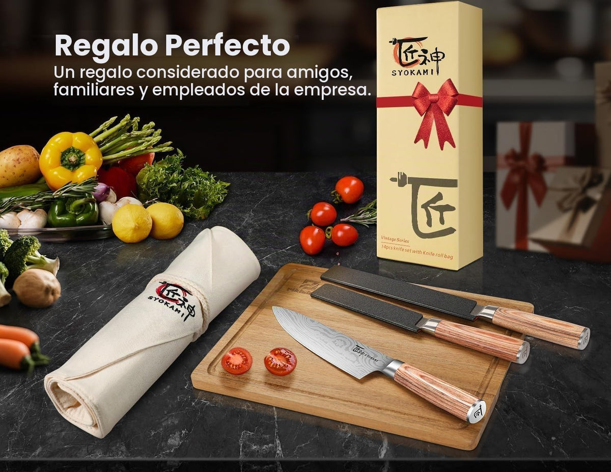 SYOKAMI Juego de cuchillos de chef de 14 piezas con bolsa enrollabl...