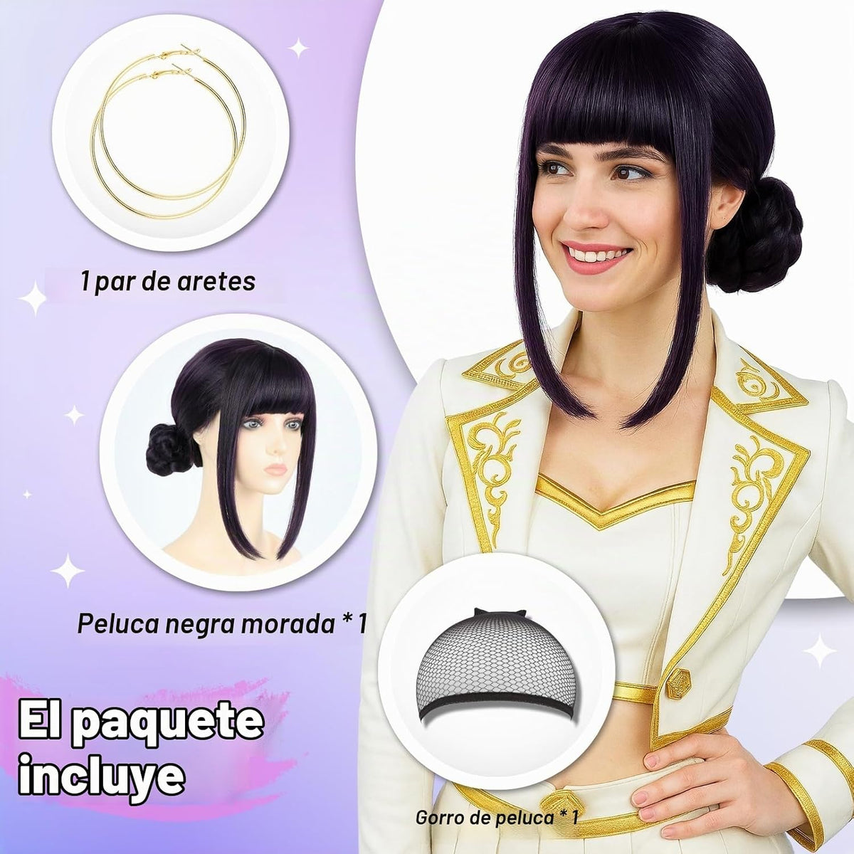 morvally Peluca corta negra y morada con 2 moños para mujer, peluca...