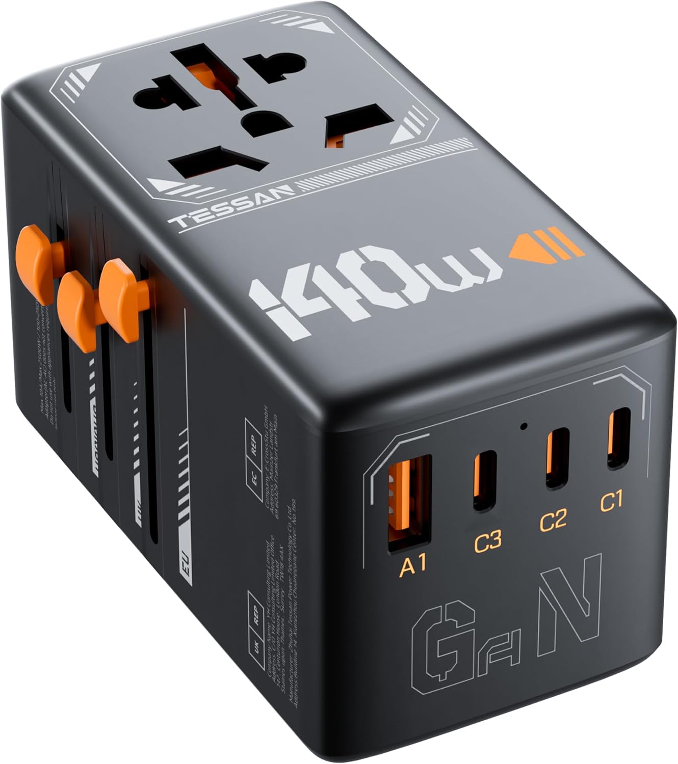 TESSAN Adaptador de viaje universal, 140 W GaN, negro | Adaptador d...