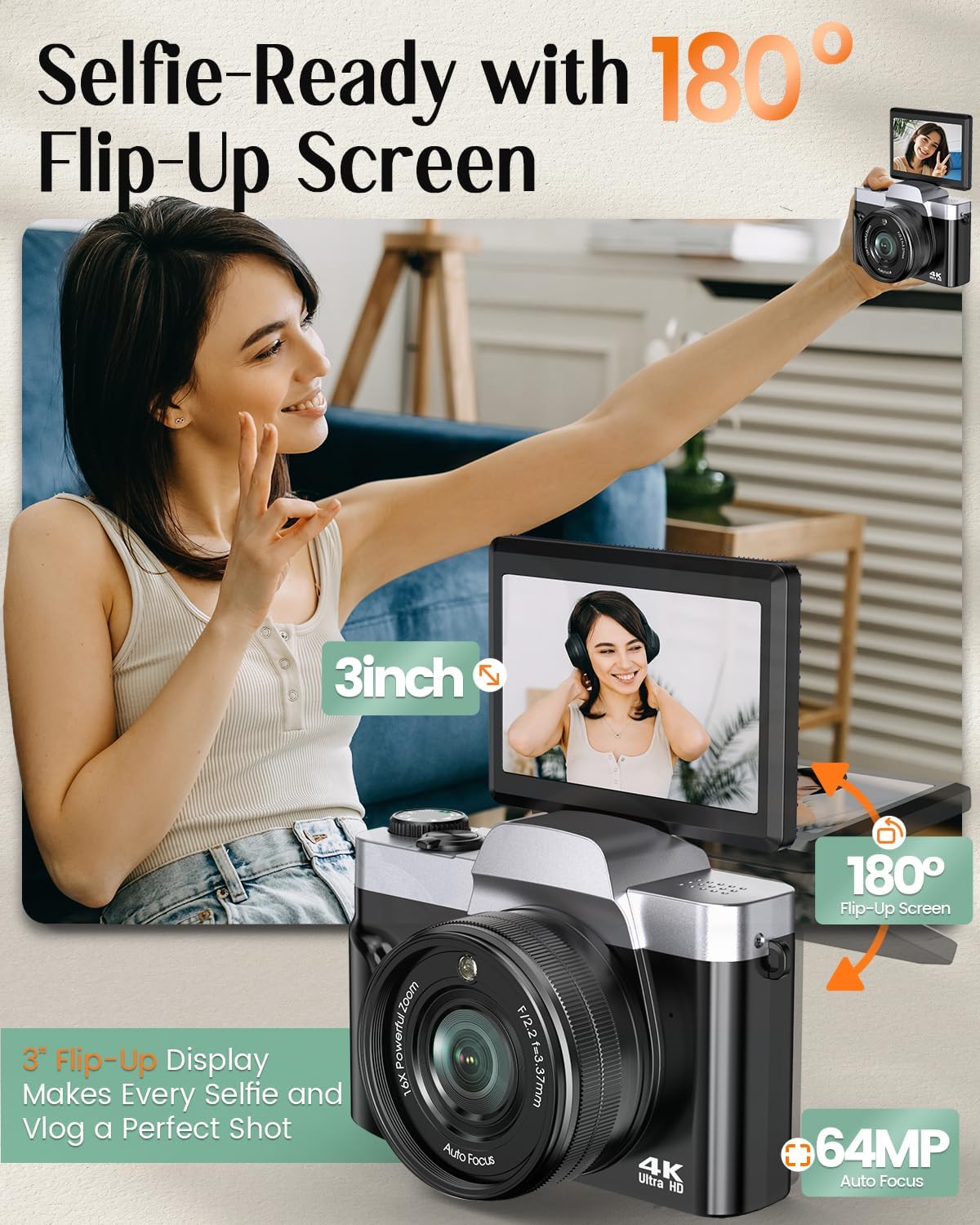 Cámara digital 4K para fotografía con WiFi, cámara de videoblogs de...