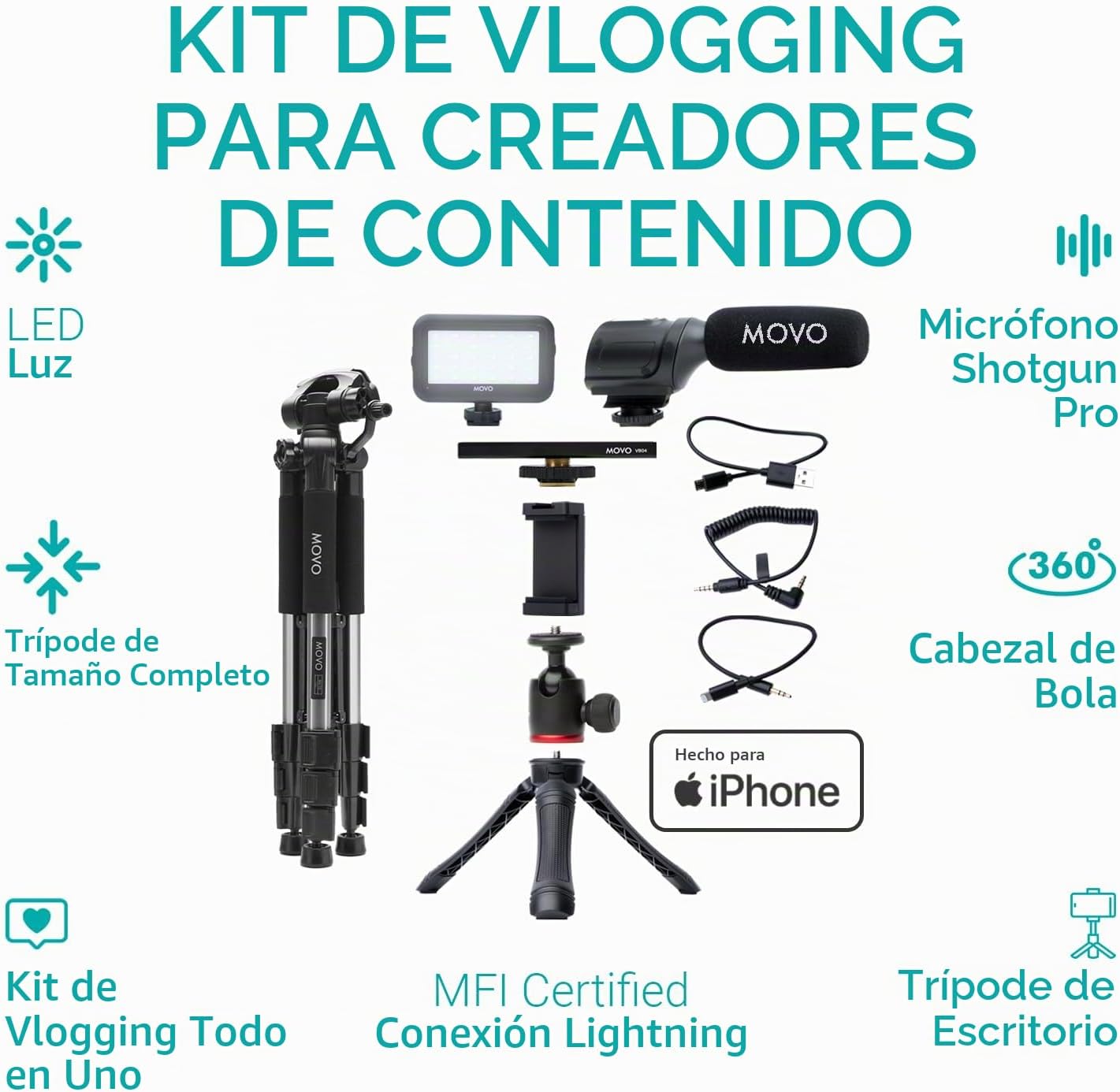 Movo iVlogger - Kit de vlogging para iPhone con trípode de tamaño c...