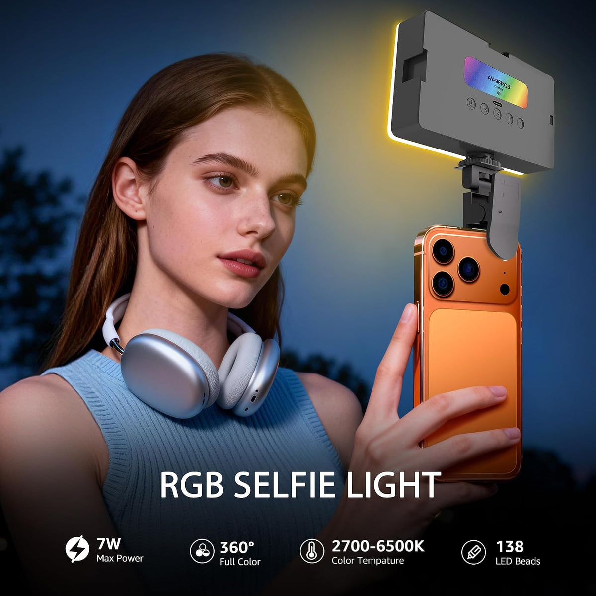 NiceVeedi Luz RGB para selfie, 138 cuentas LED, luz de cámara a tod...