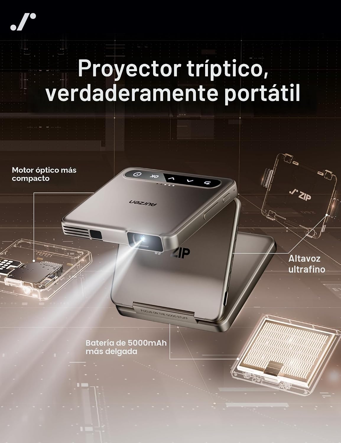 Aurzen ZIP - Mini proyector DLP de bolsillo de tres pliegues, peque...
