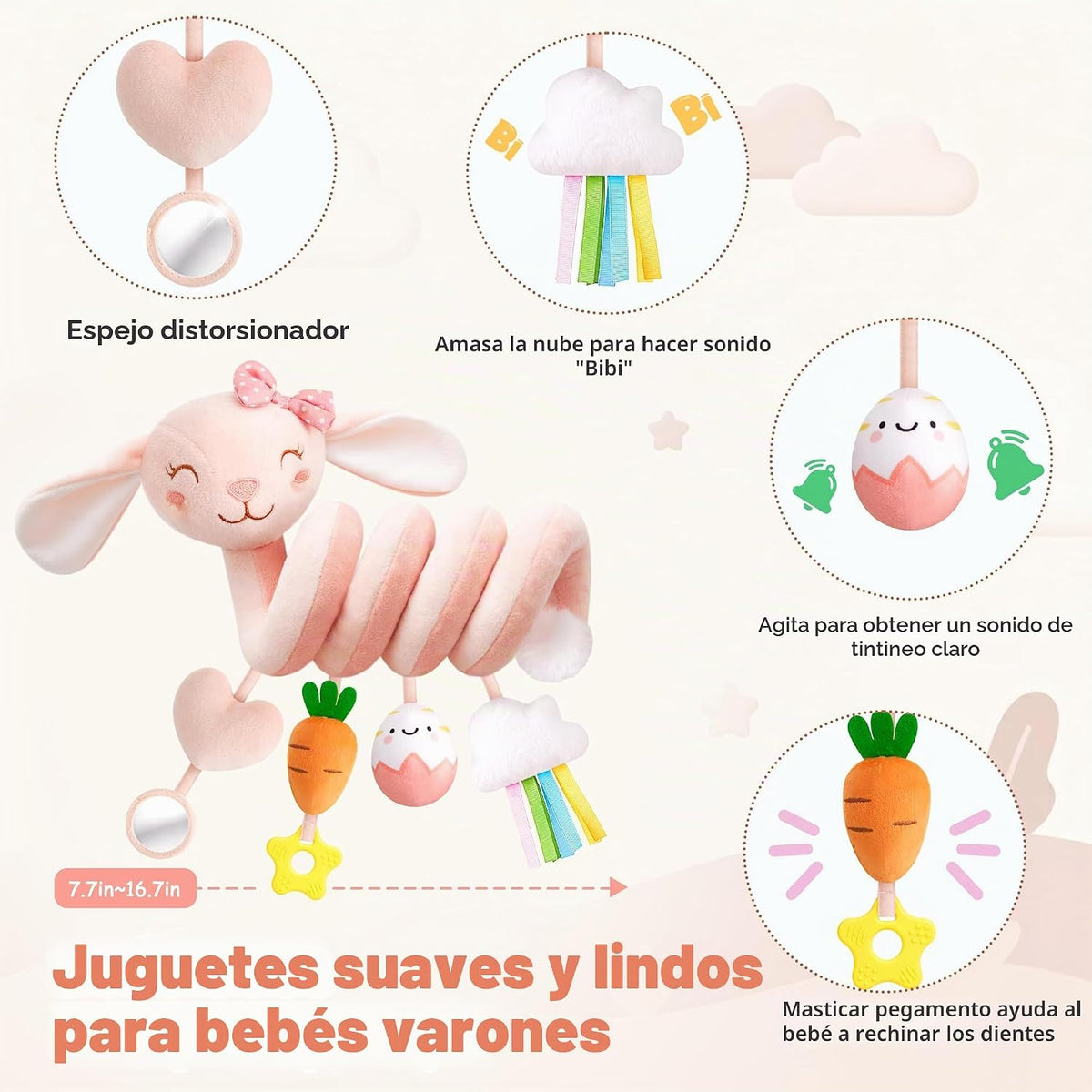 Stuffed Pink Bunny - Juguetes de asiento de coche en espiral para n...