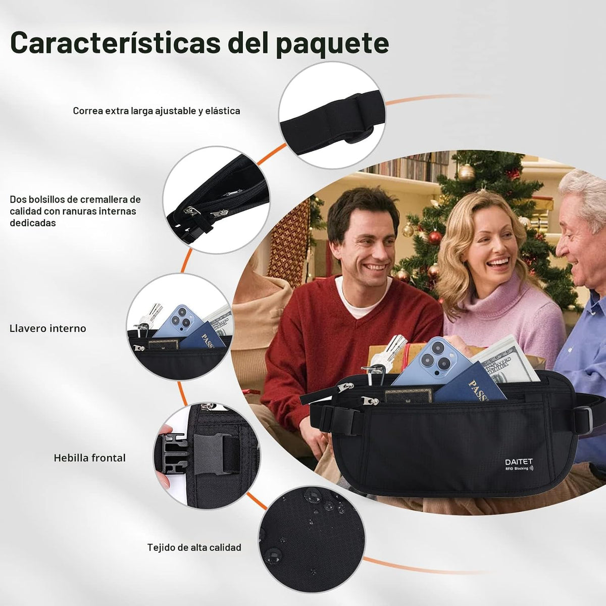 DAITET Cinturón de dinero, soporte para pasaporte, cartera de viaje...