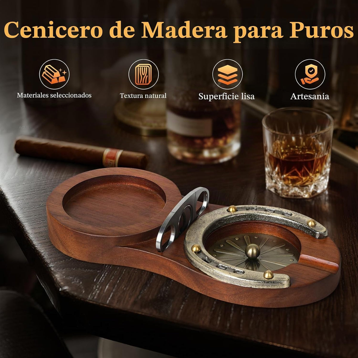 SEMKONT Cenicero de puros, bandeja de madera de herradura para whis...