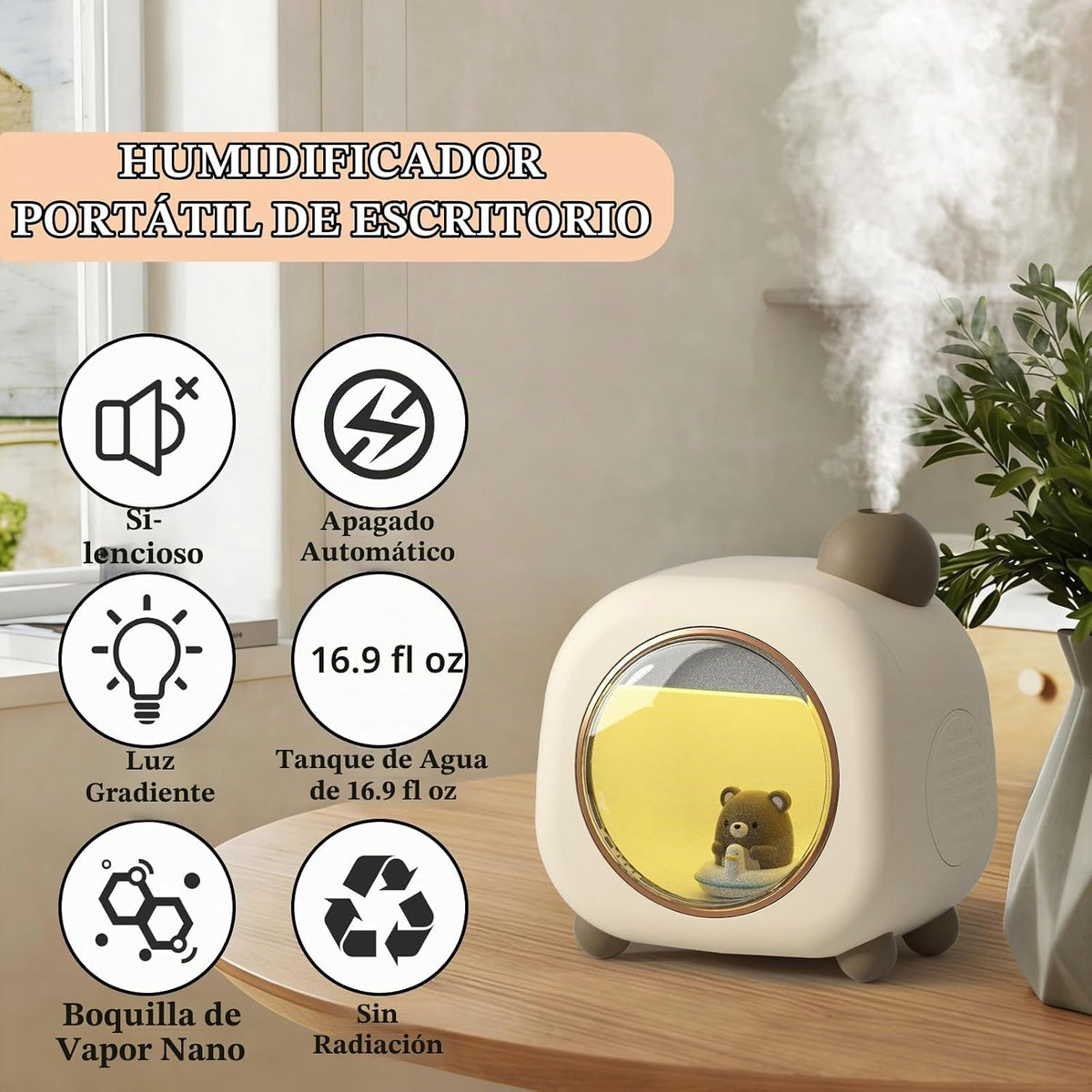 Mini humidificador portátil, 16.9 fl oz de oso de dibujos animados...