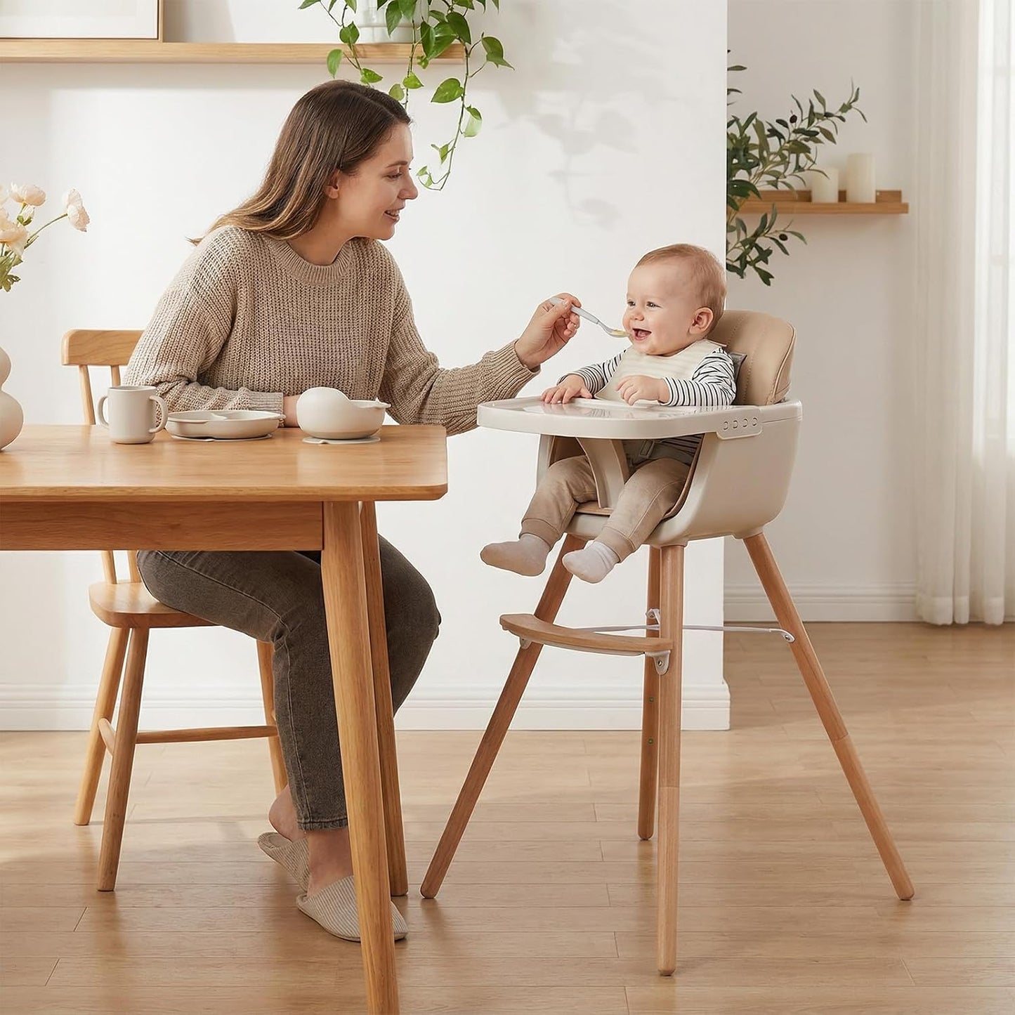 HONEY JOY Silla alta para bebé, silla alta 6 en 1 de madera Eat &am...