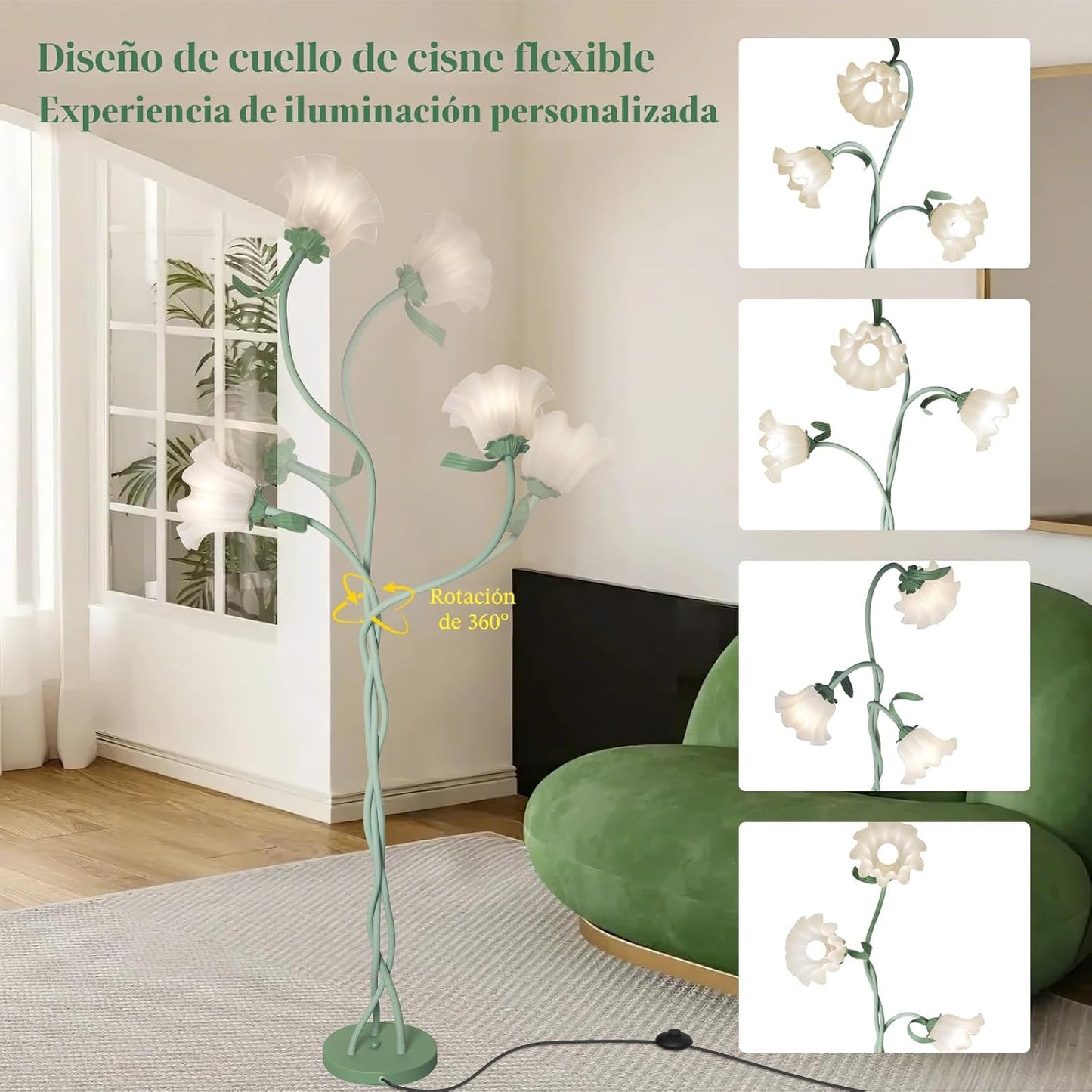 Lámpara de pie de flor para dormitorio, bonita lámpara de pie de es...