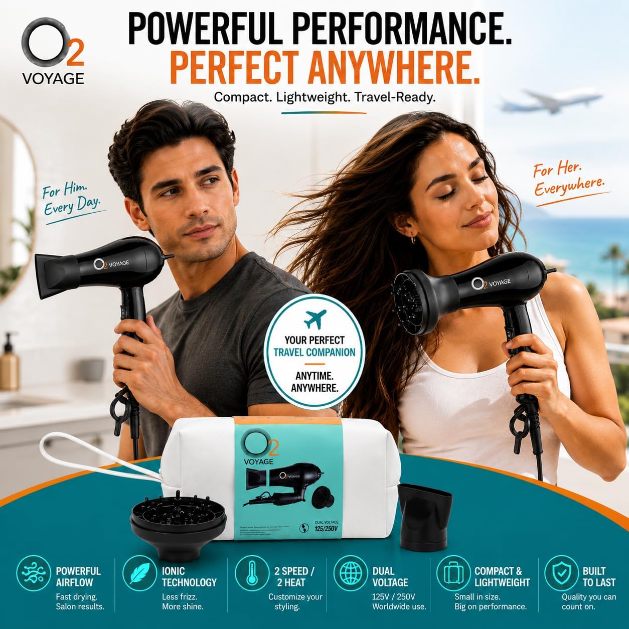 O2 Voyage - Secador de pelo iónico profesional de doble voltaje de...