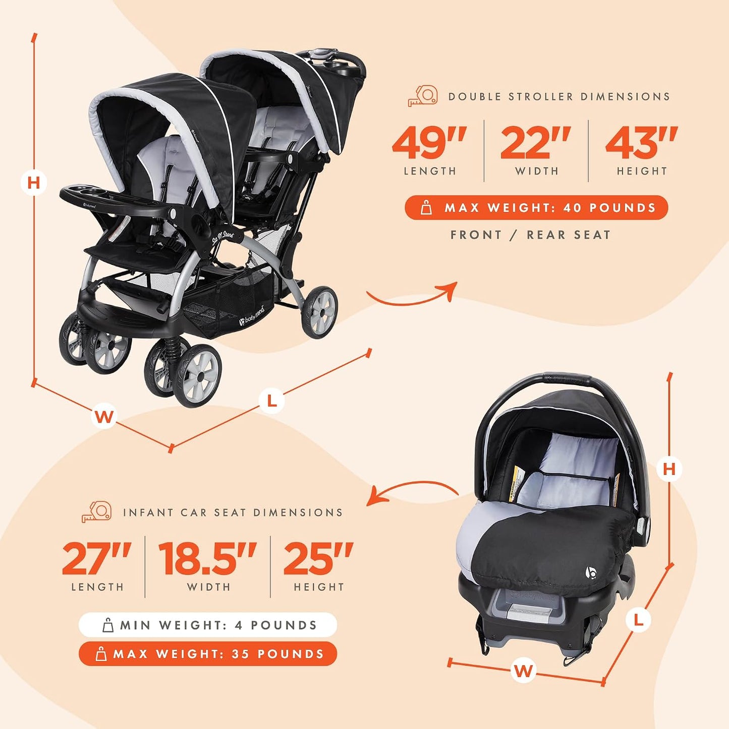 Baby Trend Cochecito doble para bebés y niños pequeños y 2 asientos...
