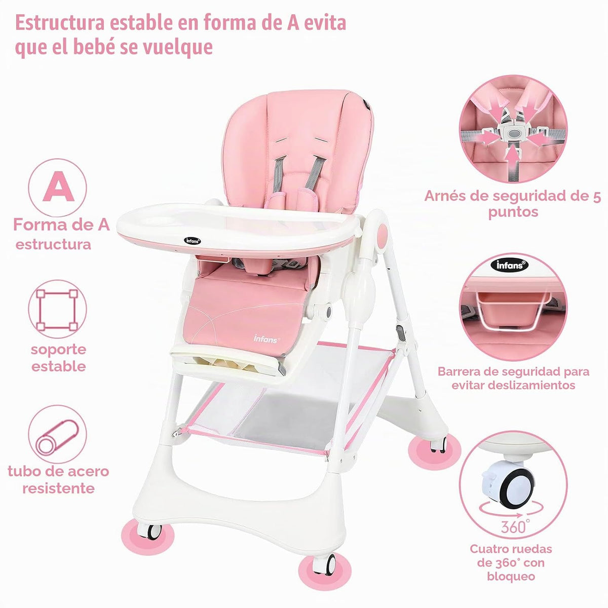 INFANS Silla alta con bandeja extraíble con una sola mano, 4 ruedas...