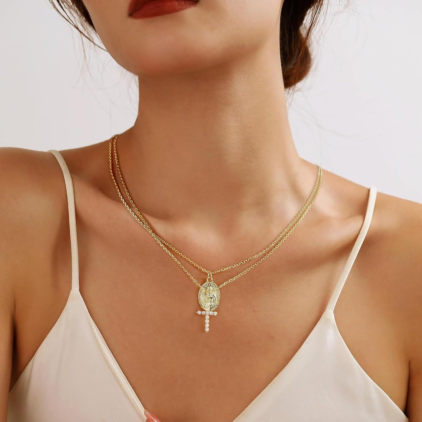 Collares de cruz de oro AllenCOCO para mujer, collares con crucifij...