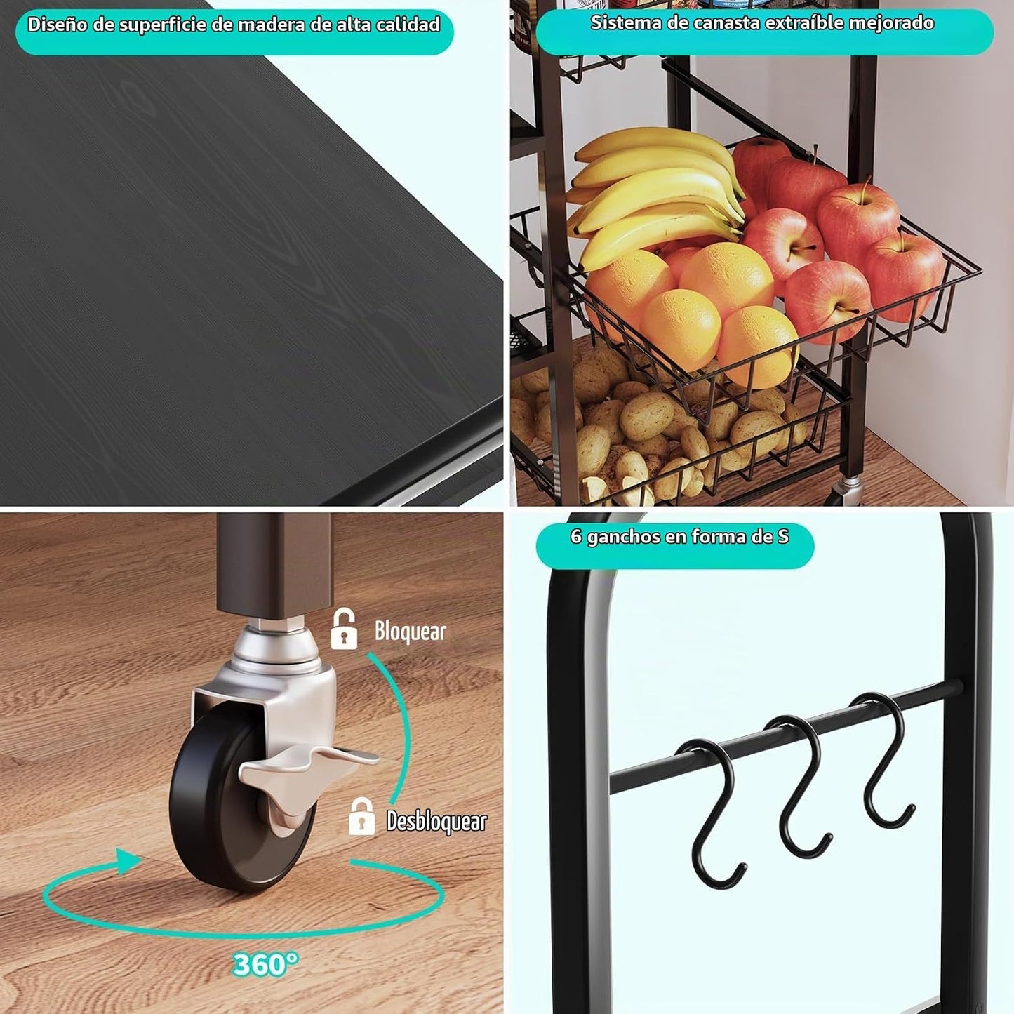 HapiRm - Carrito rodante de cocina con microondas de 4 niveles - So...