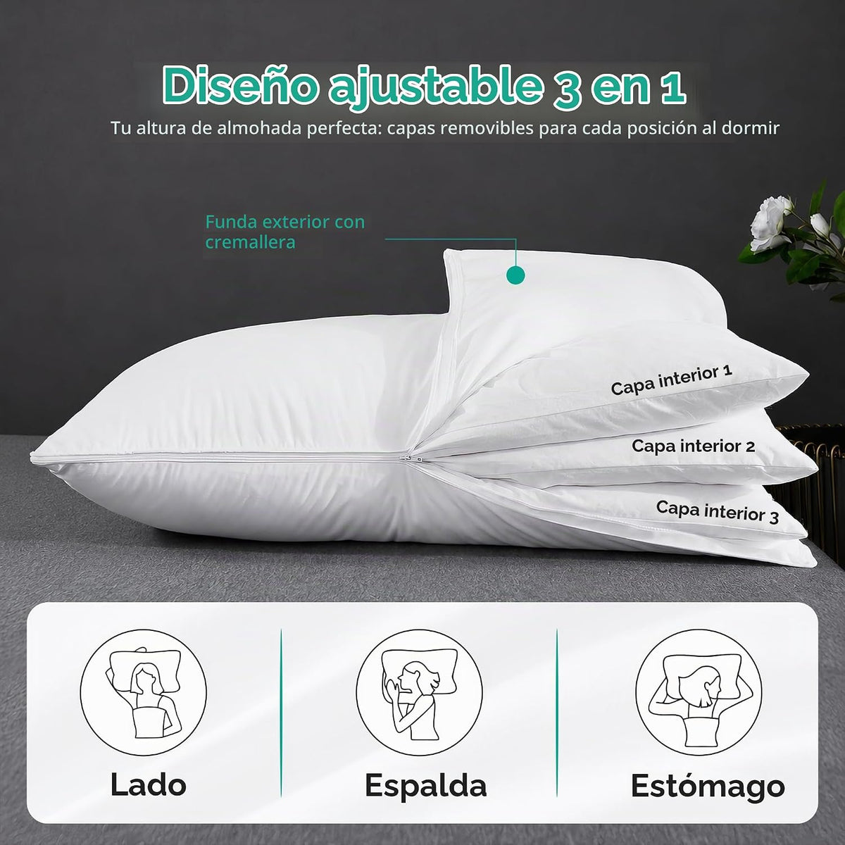 Three Geese Almohada de plumas de ganso de capa ajustable, almohada...