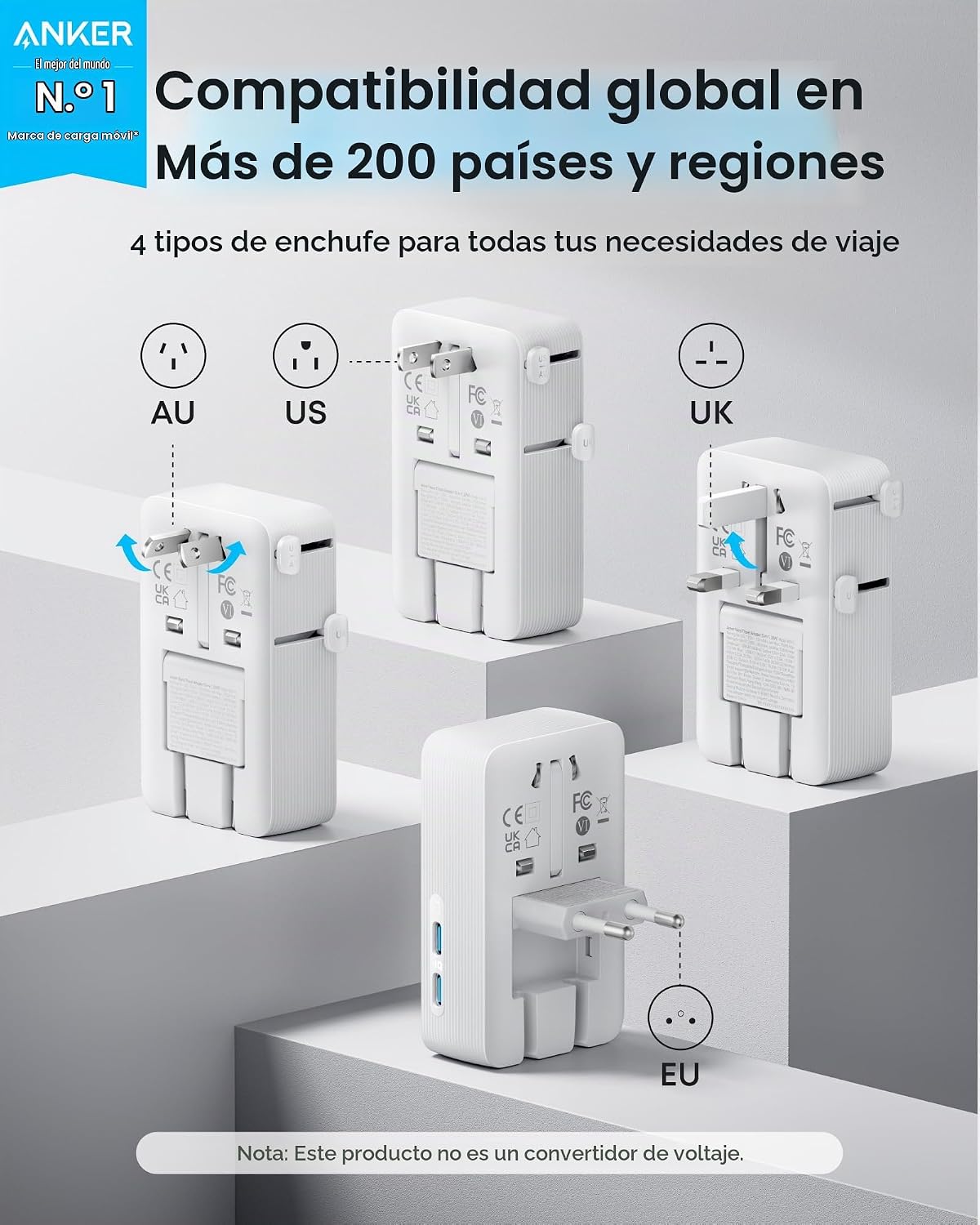 Anker Nano Travel Adapter (1 unidad), 2 cargadores universales USB-...
