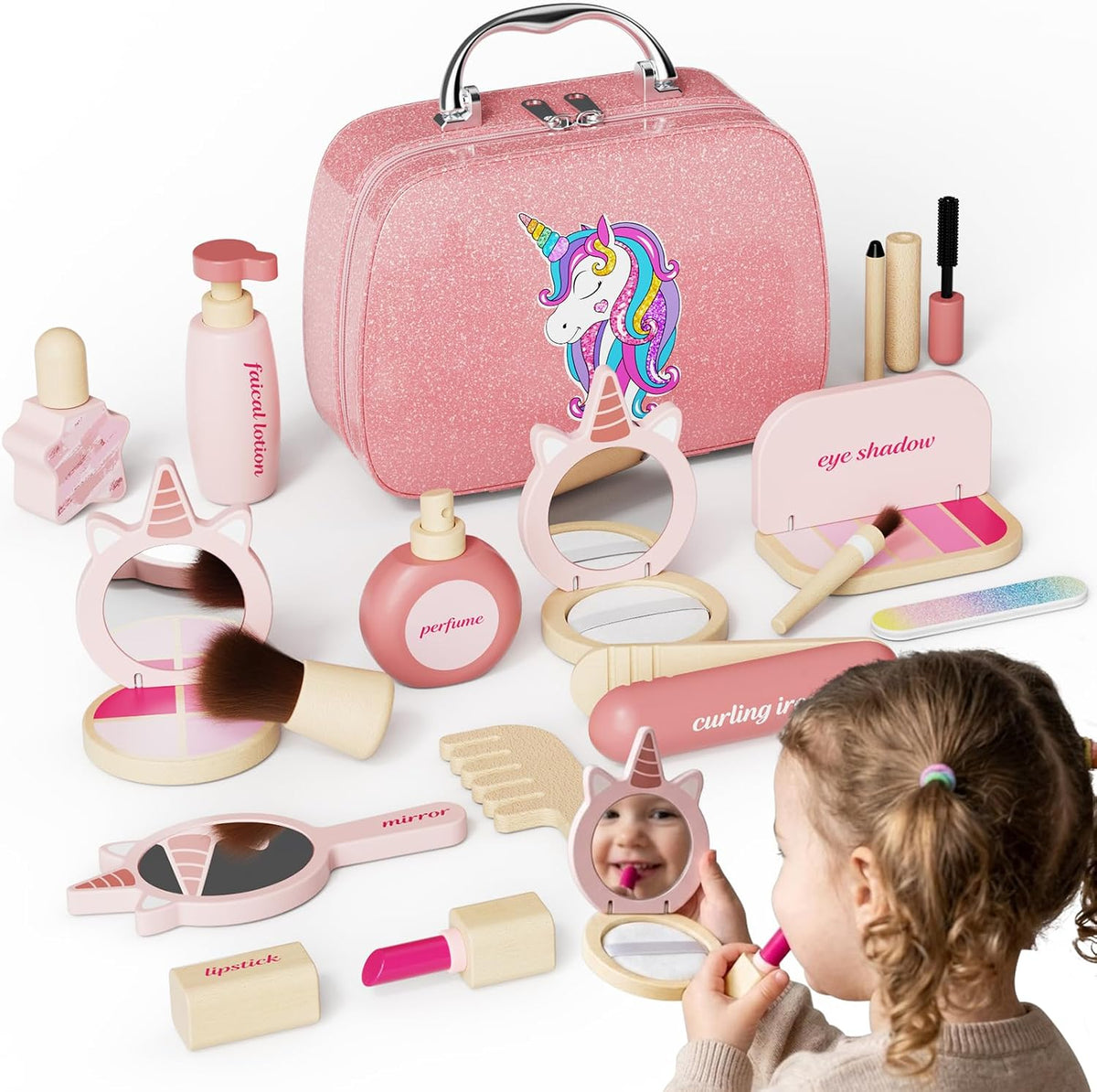 Kit de maquillaje de madera para niñas, juego de maquillaje de simu...