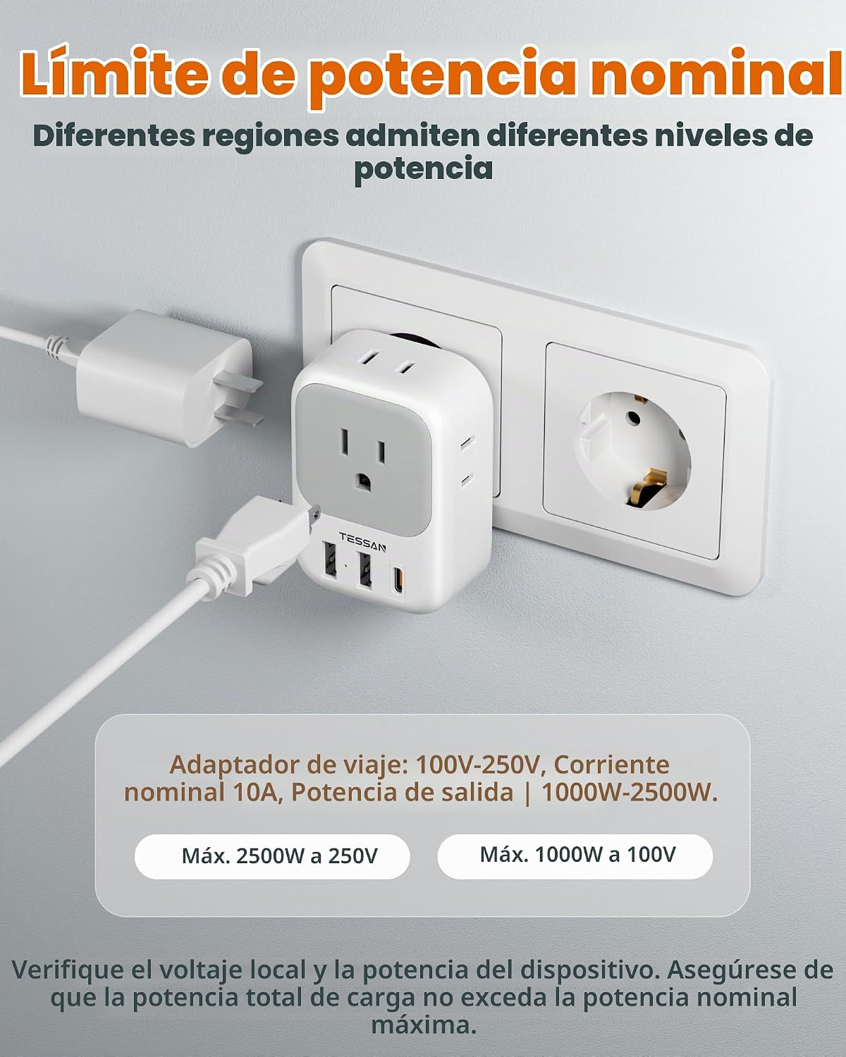TESSAN Paquete de 2 adaptadores de enchufe de viaje europeos, enchu...