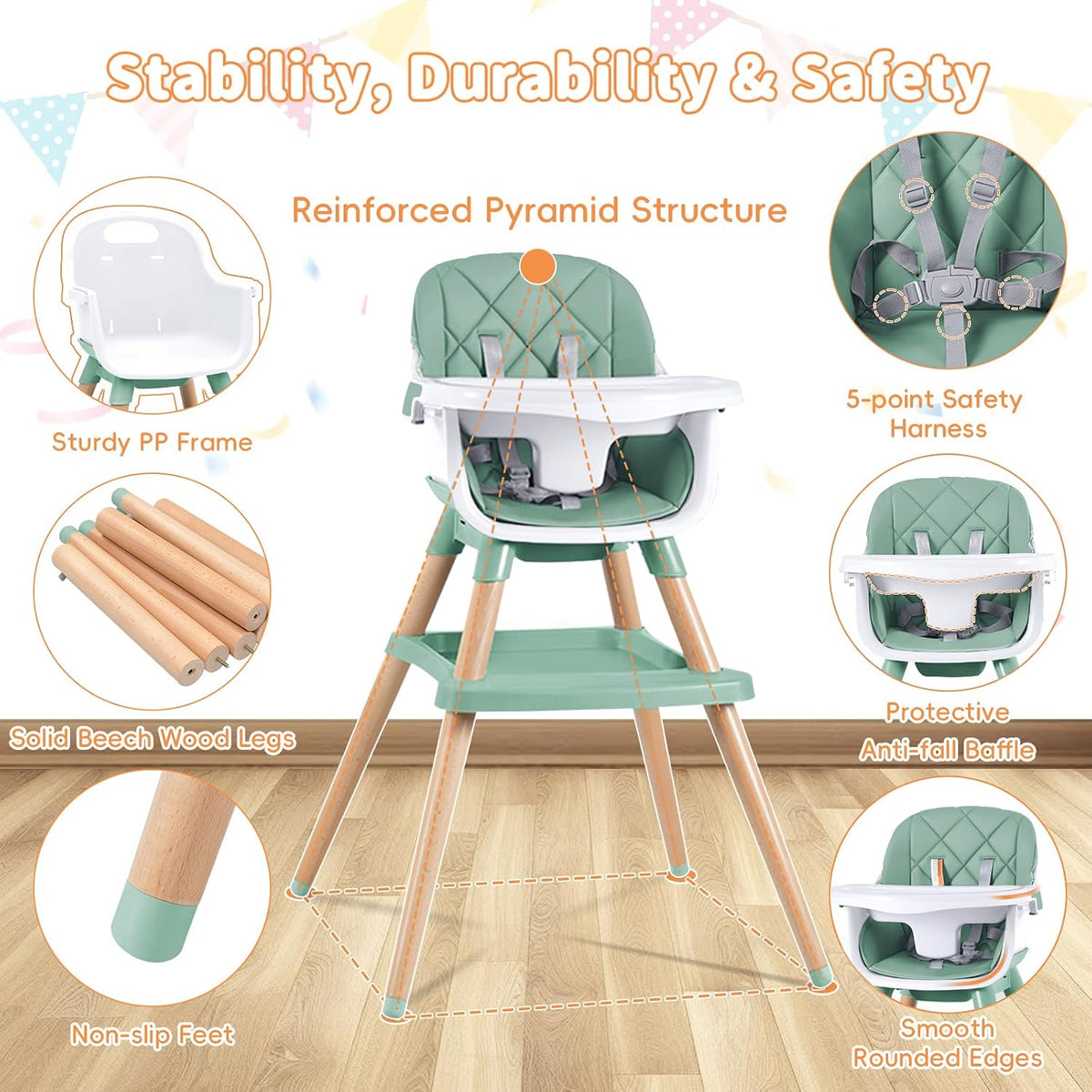Babyliebe Silla alta para bebé, silla alta de madera convertible 8...
