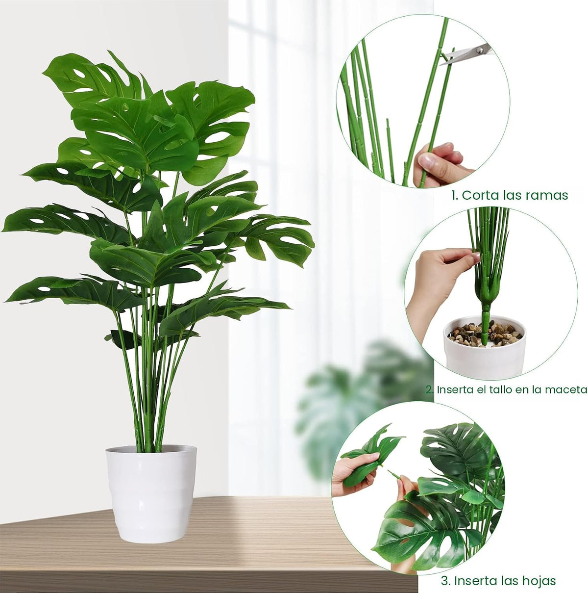 SAJANDAS Juego de 2 plantas artificiales Monstera Deliciosa en mace...