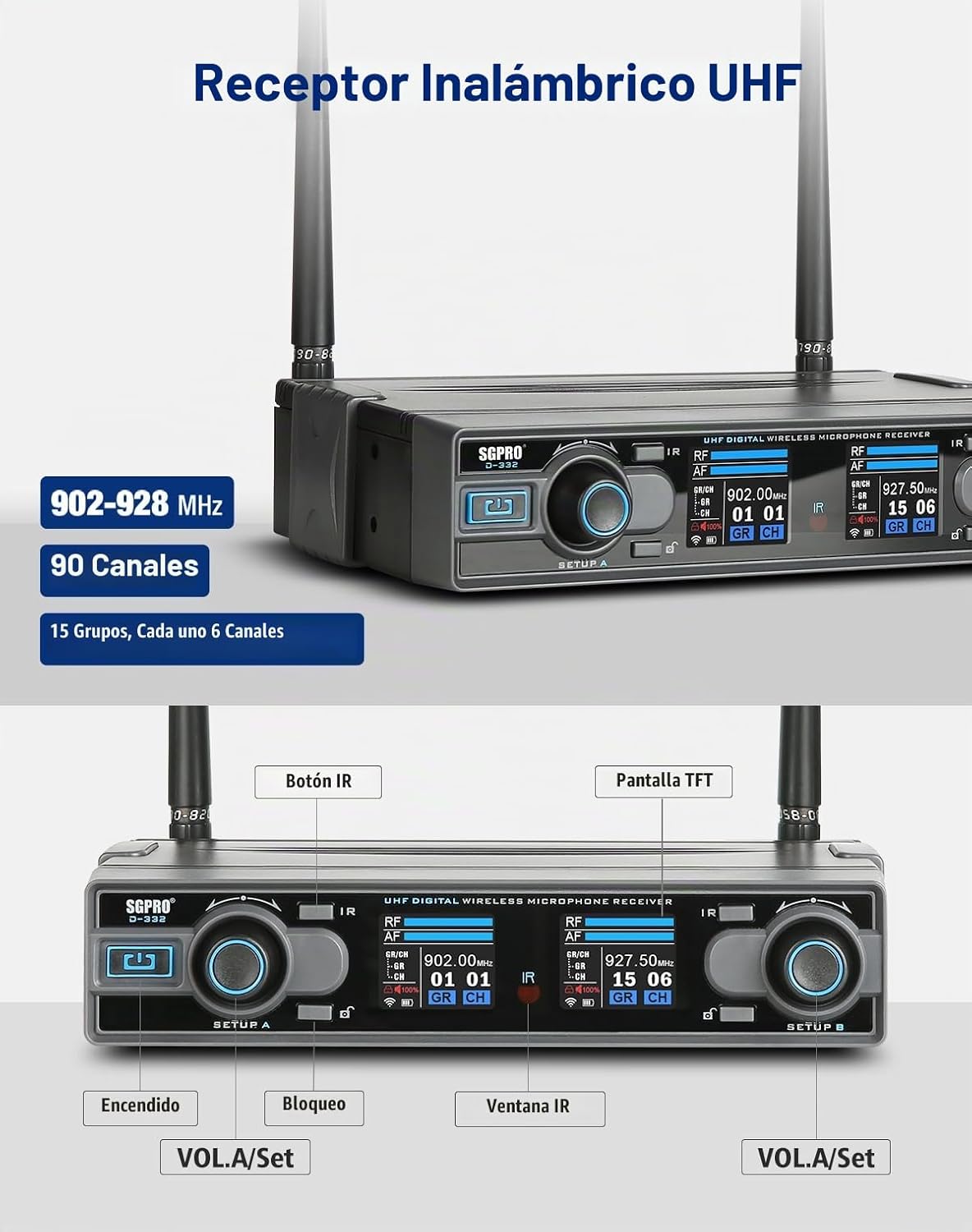 SGPRO D-332HH Dual Handheld UHF Sistema de micrófono inalámbrico |...