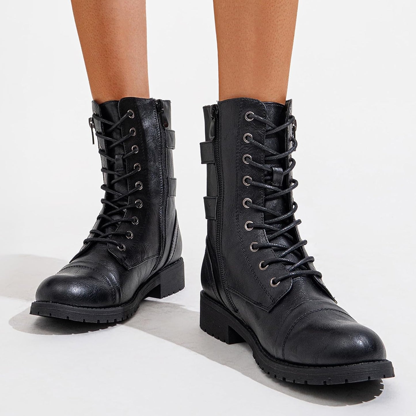 Vepose Botas de combate para mujer, tacón bajo, botas militares a m...