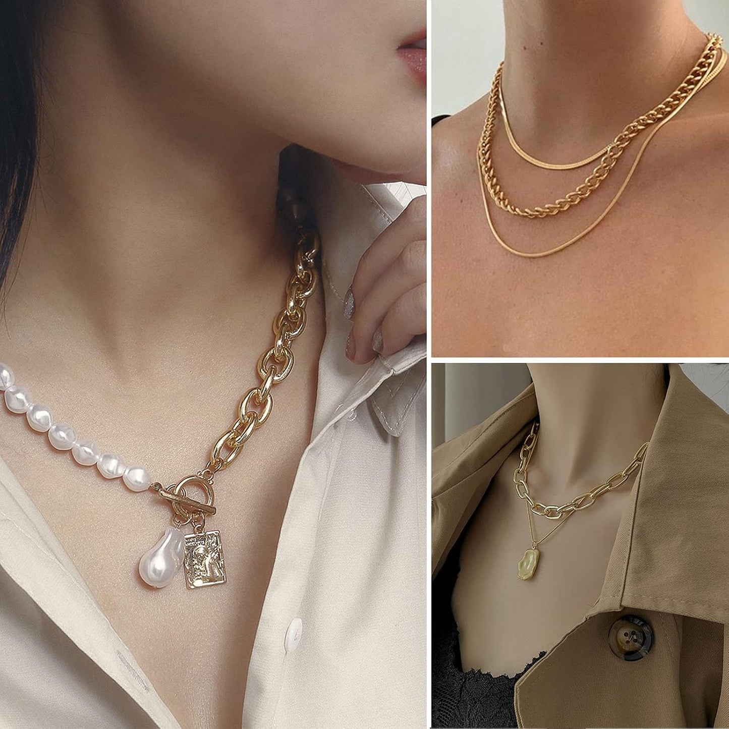 IFKM Juego de joyas chapadas en oro para mujer, collares de múltipl...