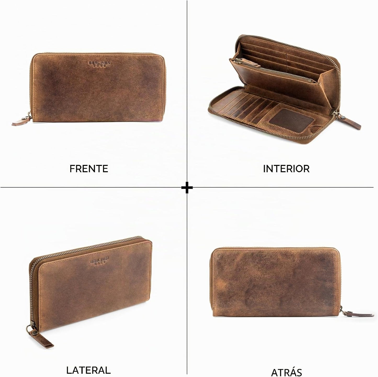BERLINER BAGS Cartera de cuero genuino con cremallera para mujer, c...