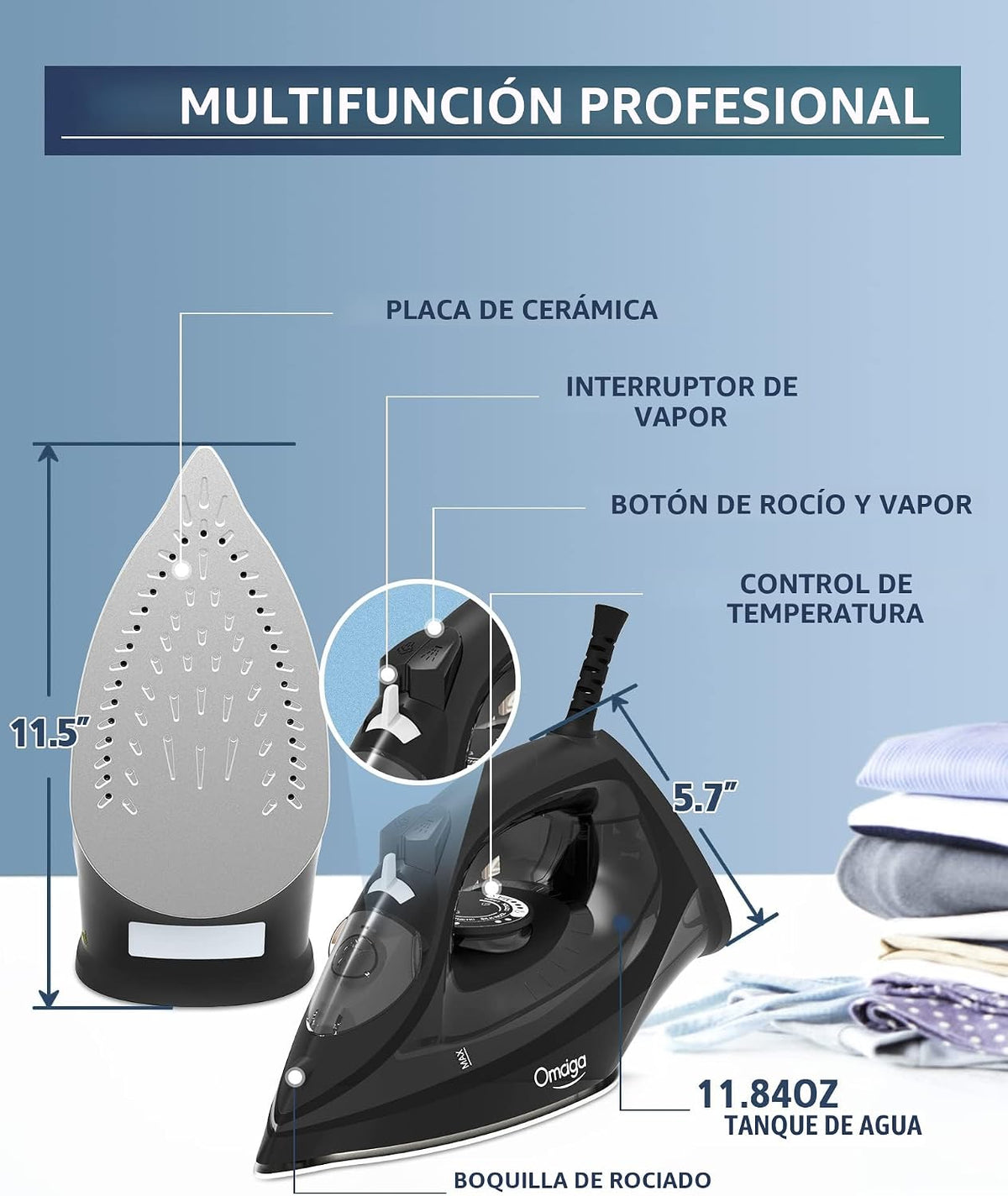 OMAIGA Plancha de vapor para ropa, plancha de 1500 W con calentamie...