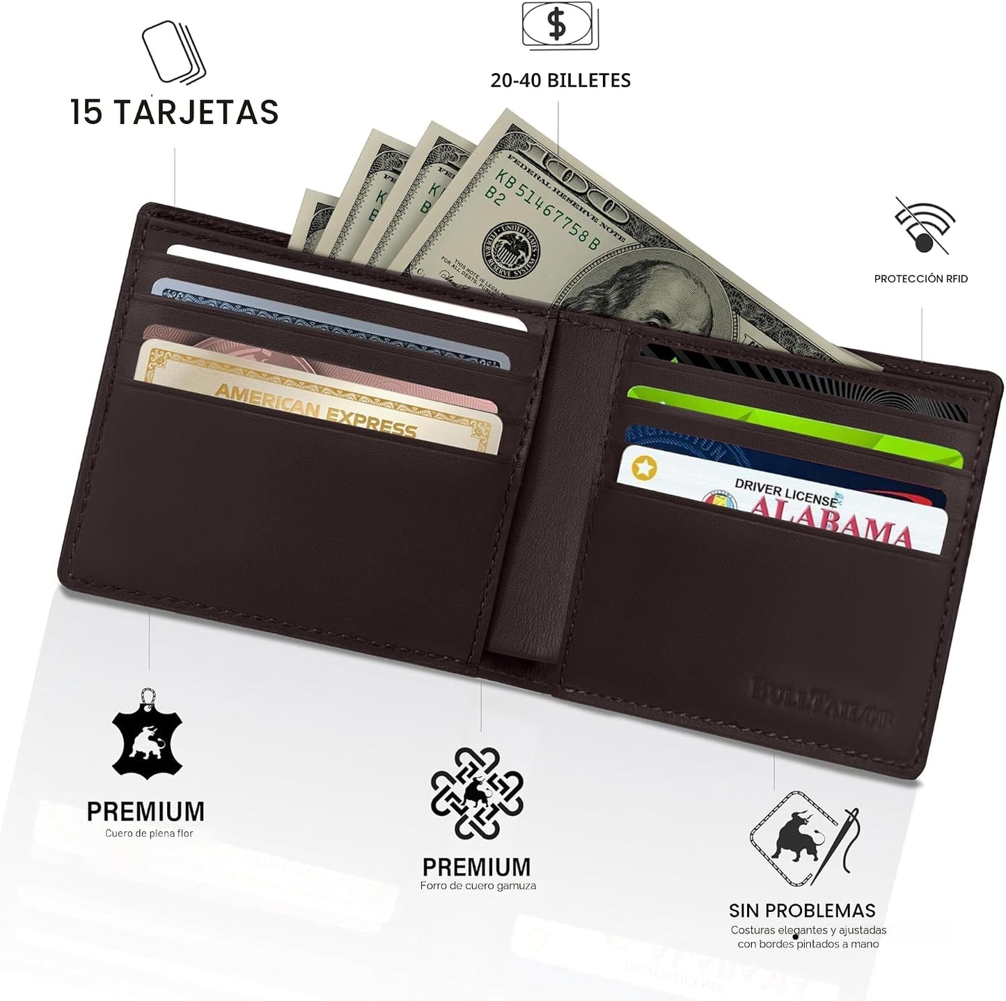 BULLTAILOR Billetera de cuero de grano completo para hombre, minima...