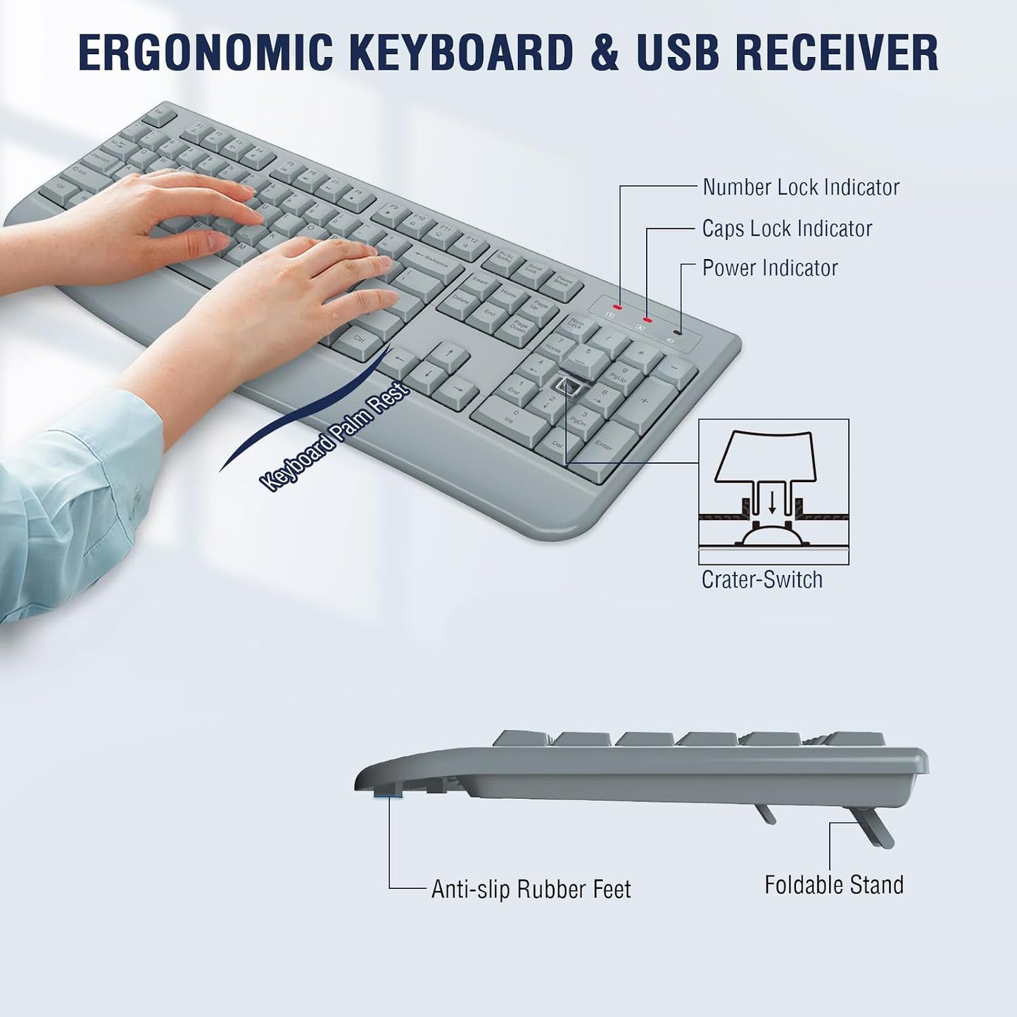 Combo de teclado y ratón inalámbricos de tamaño completo 2.4GHz con...