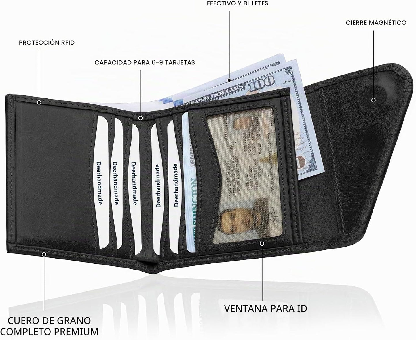 Cartera de cuero de grano completo para hombre, hecha a mano con bl...