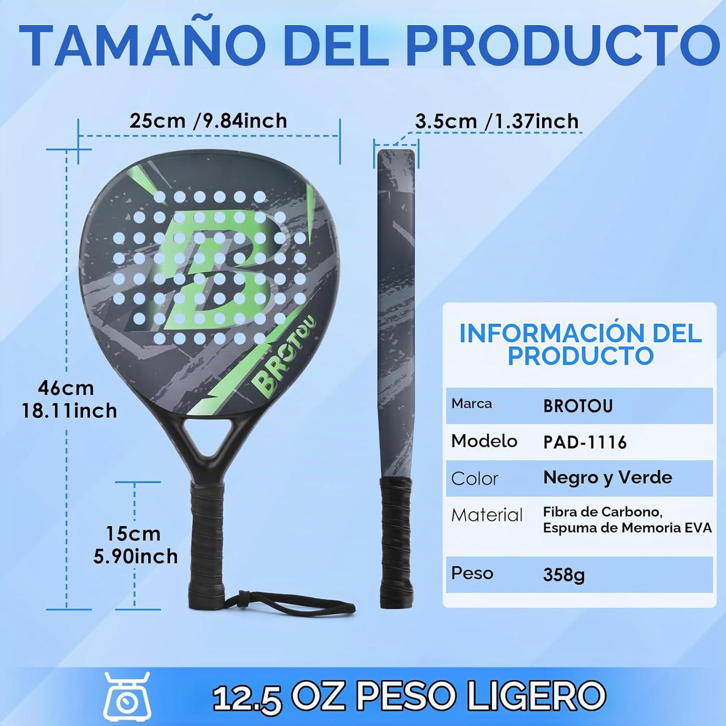 BROTOU Raqueta de Pádel Superficie de Fibra de Carbono con Bolsa de...