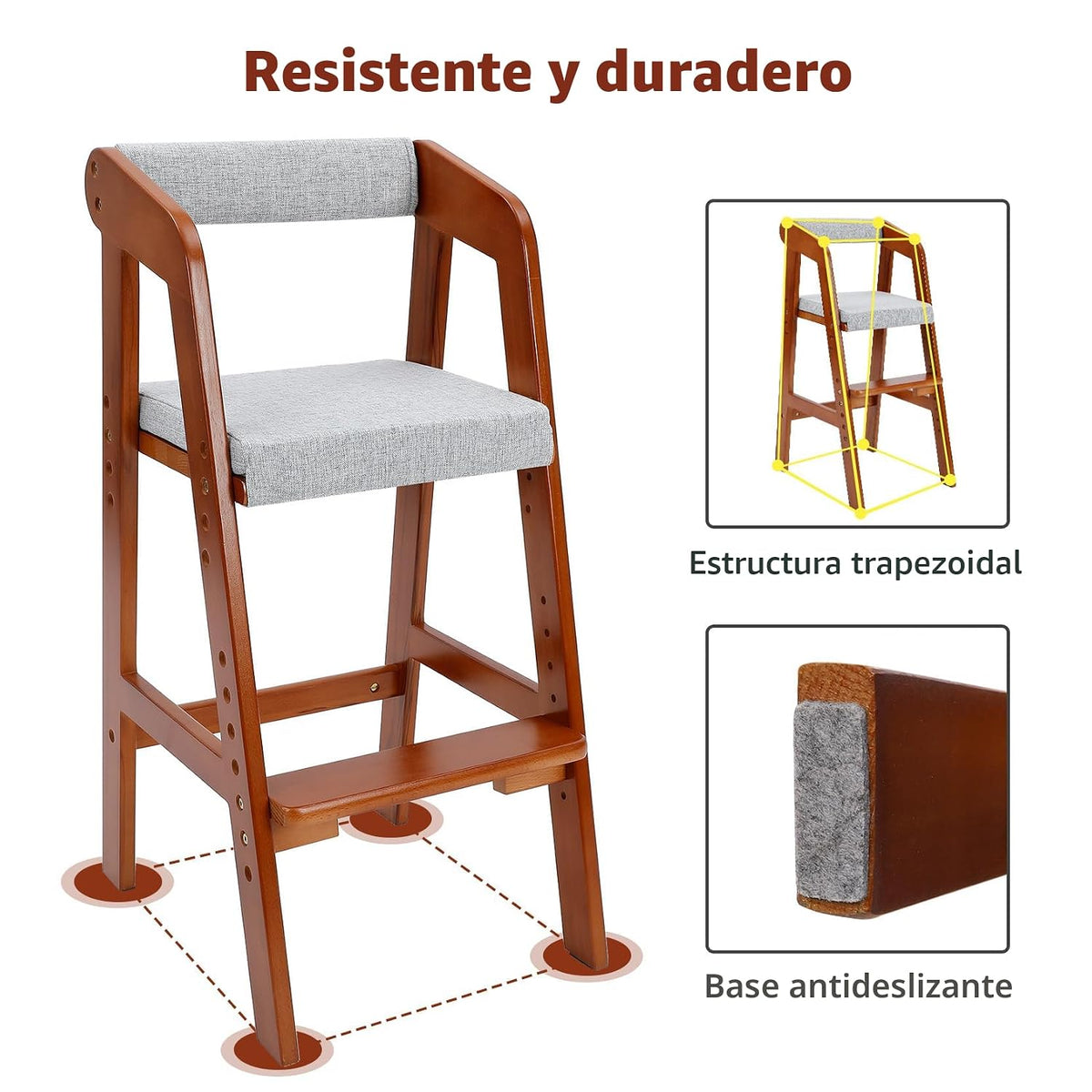 Silla alta de madera para niños pequeños, silla de comedor ajustabl...