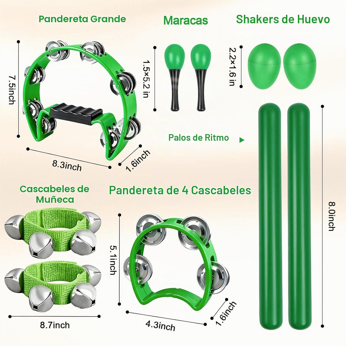10 panderetas verdes para adultos y niños, pandereta de media luna,...