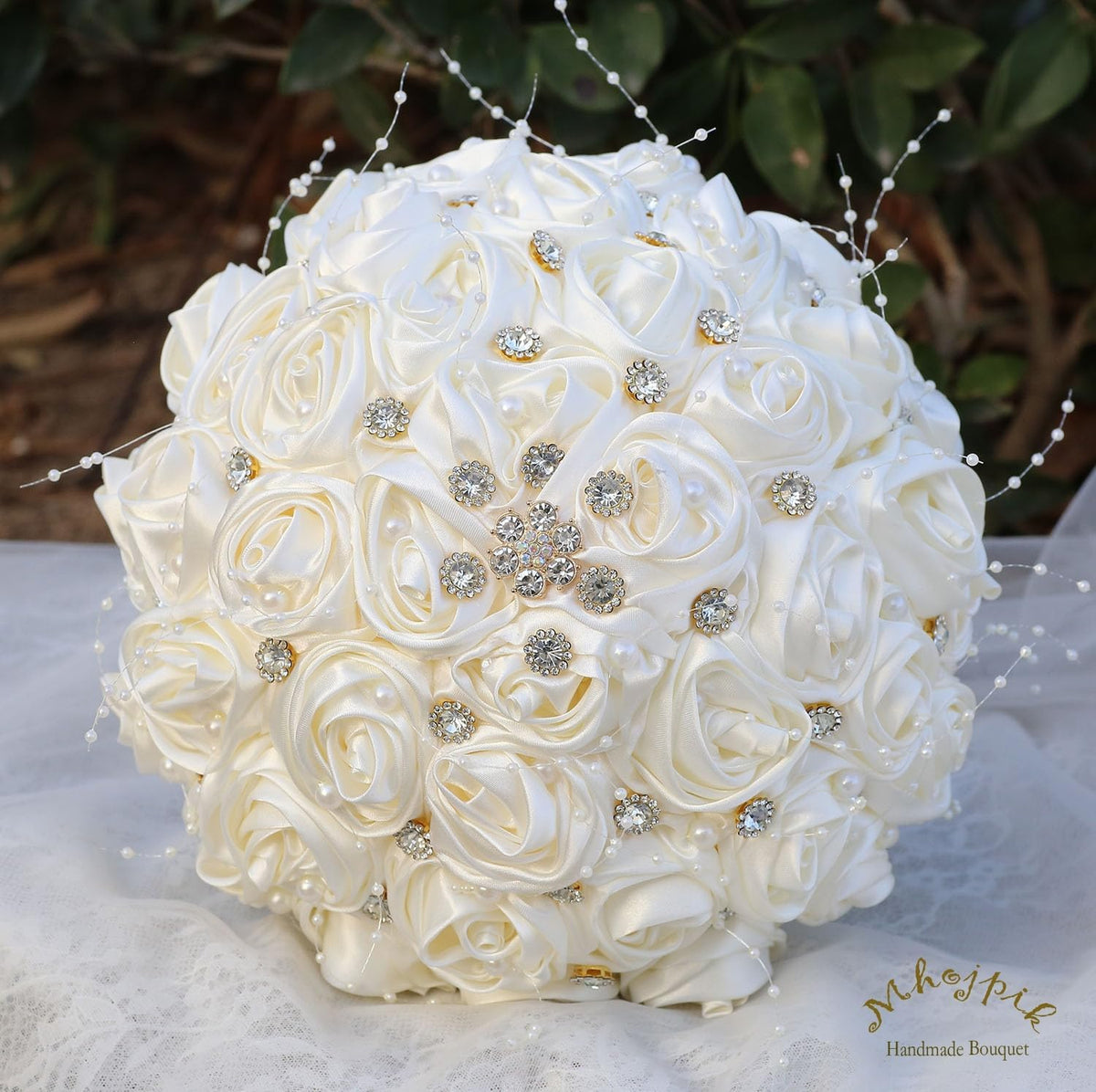 Mhojpik Ramo de Novia para Boda Redondo con Broche Brillante, Ramo...