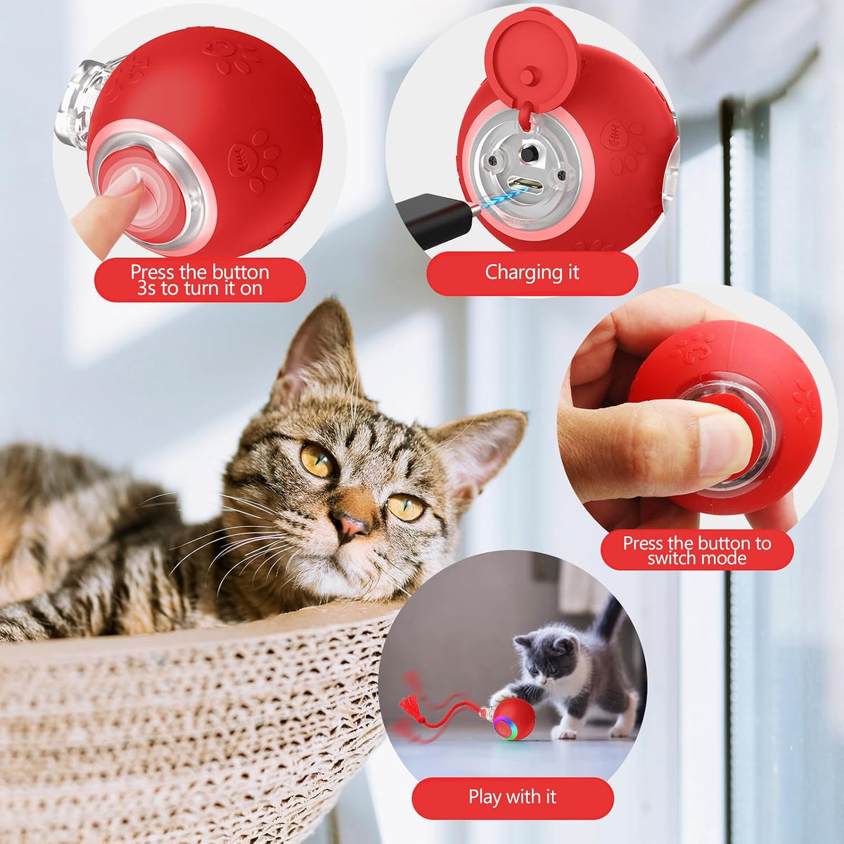 Yaruiguang Pelota de juguete interactiva para gatos con cola de bor...