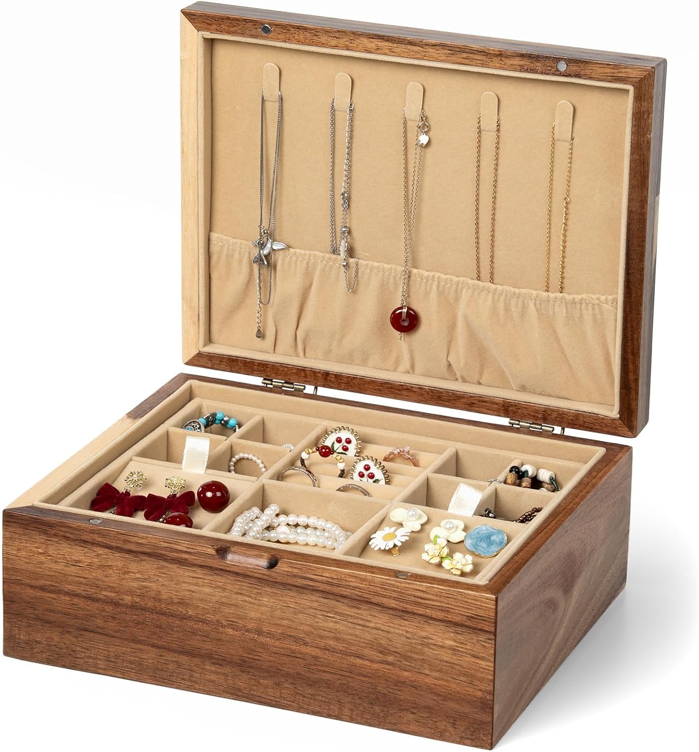 Danfoxer Joyero de madera de acacia con tapa abatible y bandeja de...