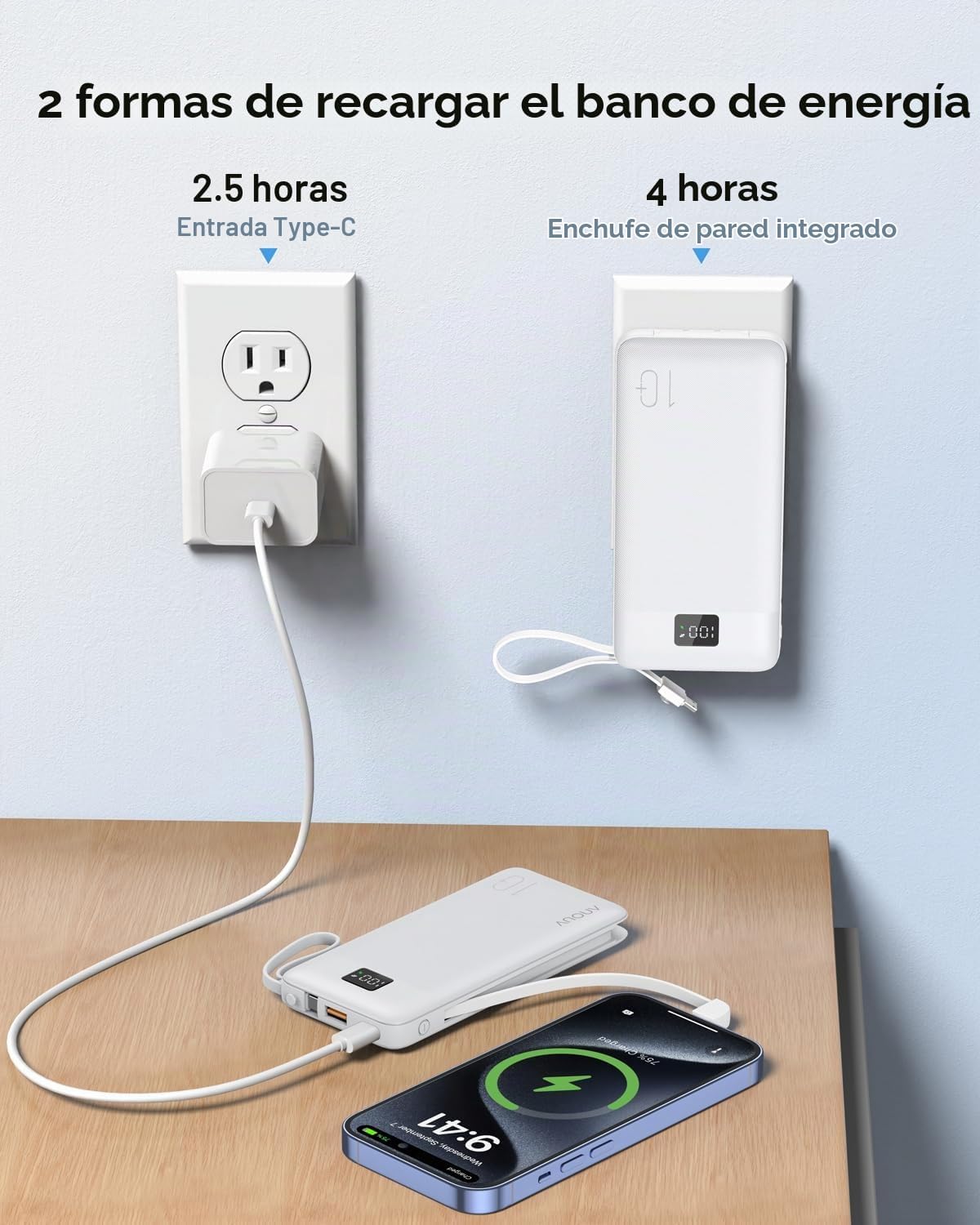 Cargador portátil con cables integrados y enchufe de pared de CA, c...